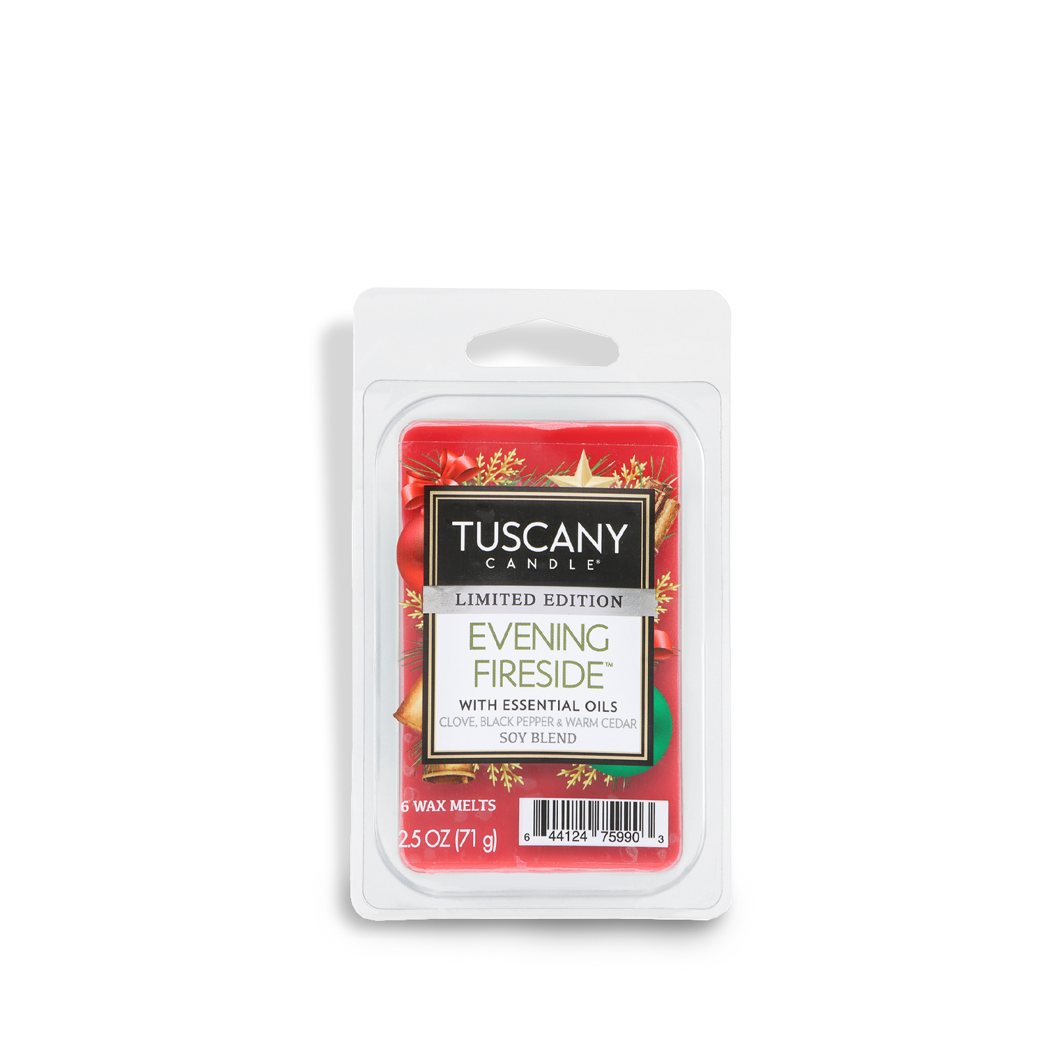 A 2.5 oz Tuscany Candle® SEASONAL Evening Fireside: Spicy & Warm Cedar Scented Holiday Wax Melt in a clear clamshell package, perfect for the holidays.