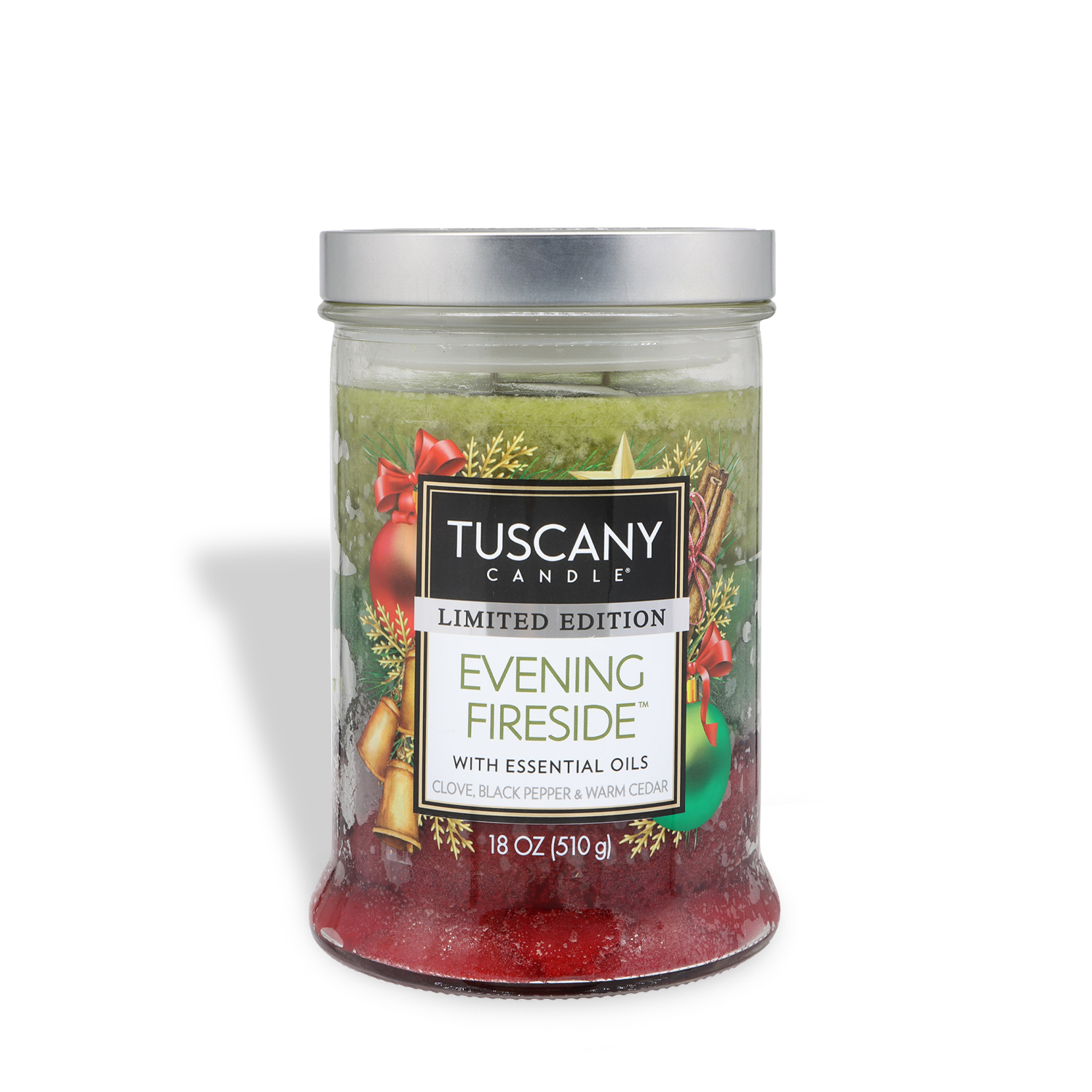 The Tuscany Candle® SEASONAL Evening Fireside™ Spicy & Warm Cedar Scented Holiday Candle (18 oz) comes in a glass jar with festive holiday decorations on the label.
