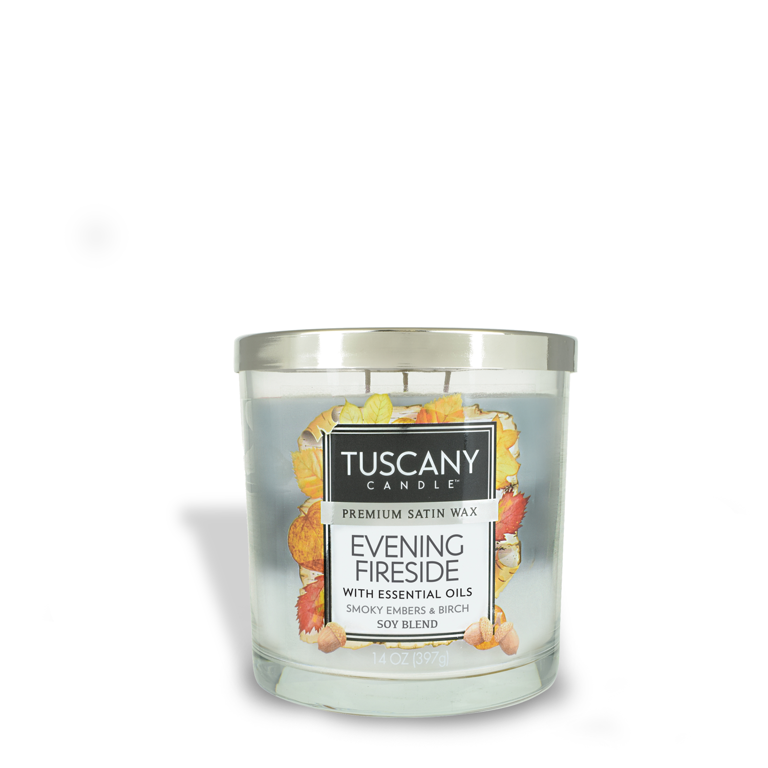 Triple-poured Evening Fireside scented candle with a woodsy fragrance. (Tuscany Candle)