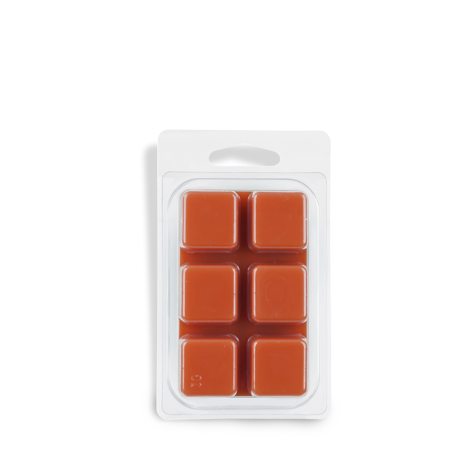 A plastic clamshell holds six orange Fall Festival: Cinnamon & Clove Scented Wax Melt cubes (2.5 oz), arranged in two rows of three, by Tuscany Candle® SEASONAL.