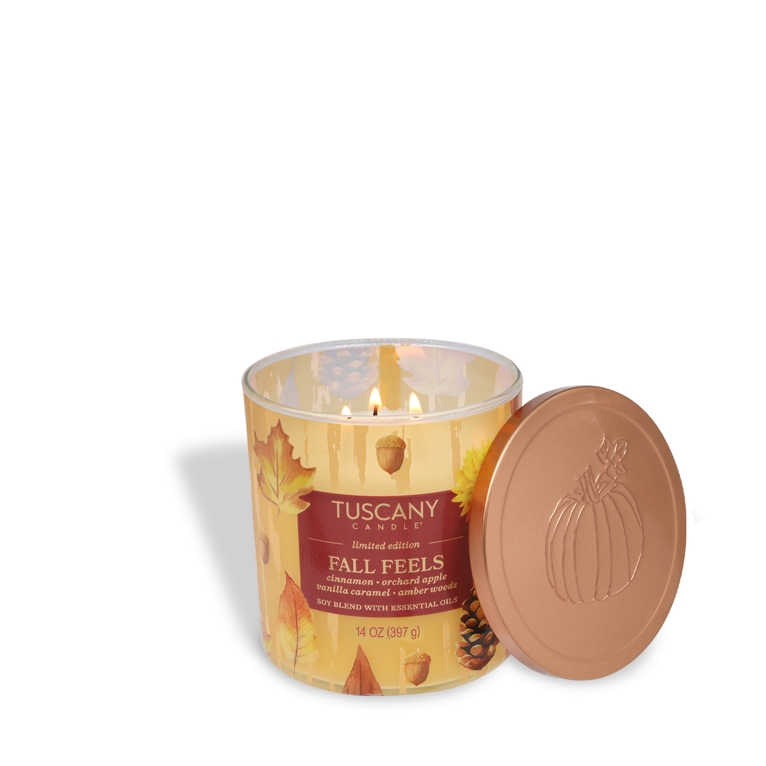 A Tuscany Candle® SEASONAL "Fall Feels: Amber Woods & Orchard Apple" 14 oz candle from the Simply Fall Collection, in a fall-themed glass jar with an embossed pumpkin copper lid.