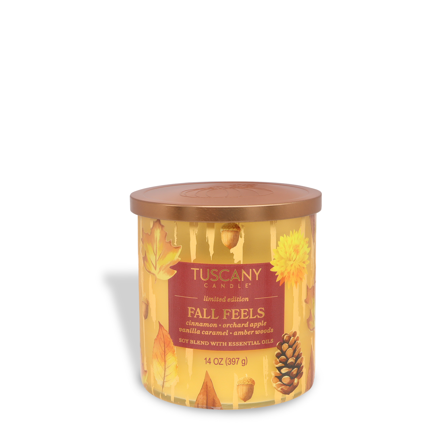 The Tuscany Candle® SEASONAL "Fall Feels: Amber Woods & Orchard Apple" 14 oz jar candle from the Simply Fall Collection features a brown lid, autumn leaves, and pinecones, with scents of cinnamon, orchard apple, vanilla caramel, and amber woods.