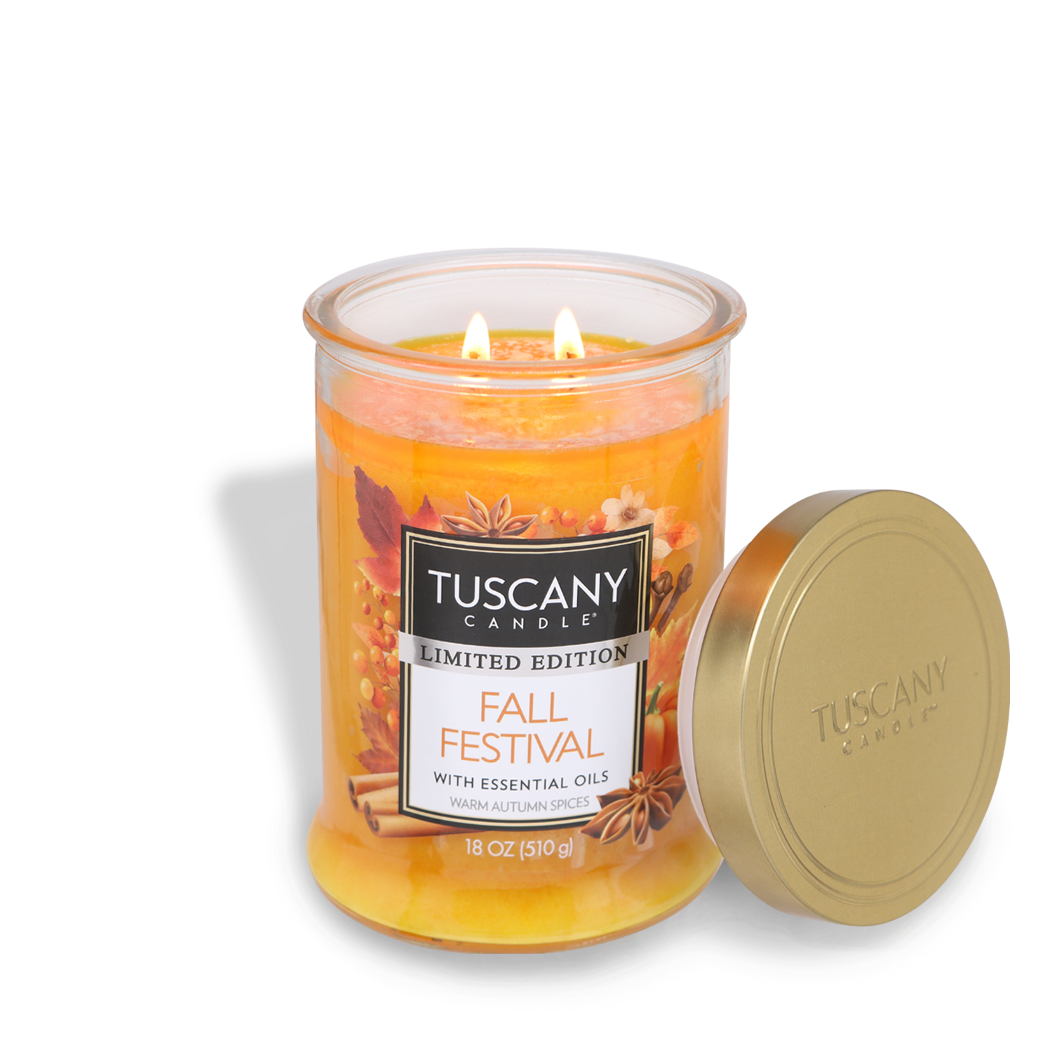 Tuscany Candle® SEASONAL Fall Festival Long-Lasting Scented Jar Candle (18 oz), part of the Tuscany Classic Collection, is a scented candle with essential oils in a transparent glass jar with lid. Featuring a dual wick and warm autumn spice fragrance. 18 oz (510 g).