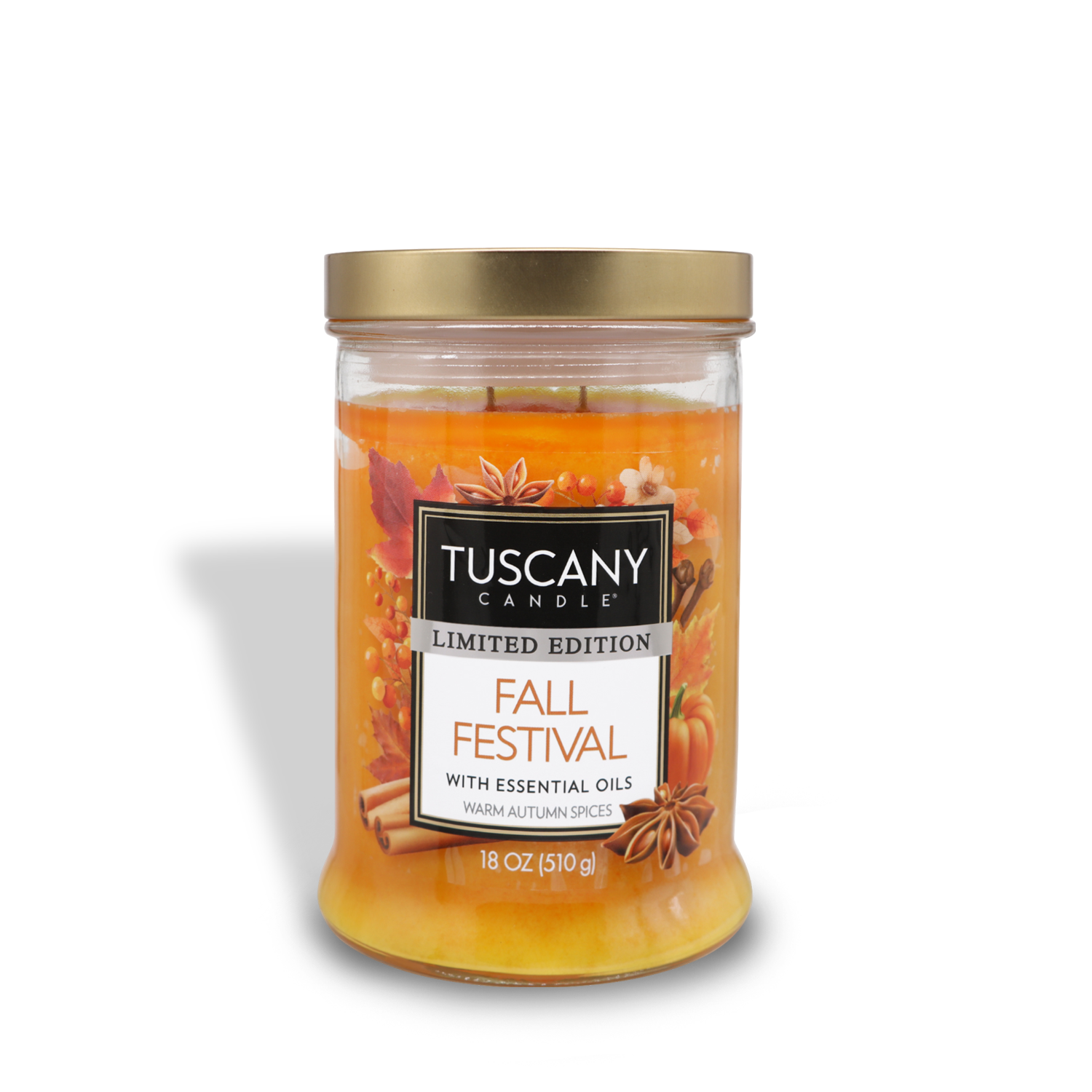 A Tuscany Candle® SEASONAL jar labeled "Fall Festival Long-Lasting Scented Jar Candle (18 oz)" from the Tuscany Classic Collection, featuring essential oils, 18 oz (510 g). The candle is orange with a gold lid and a label showcasing autumn spices.