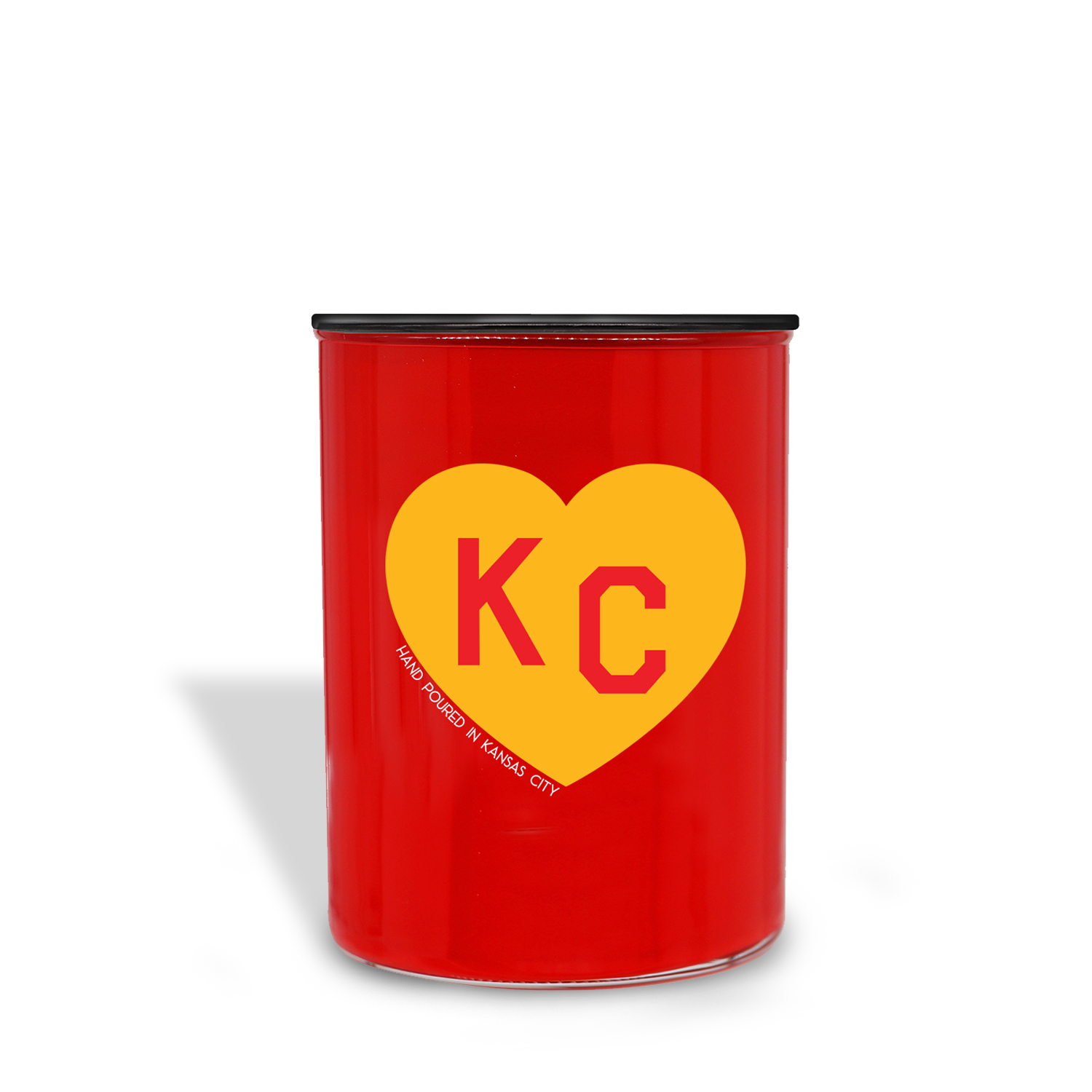 The Fall Festival Scented Red KC Heart Candle (13 oz) by Tuscany Candle x Charlie Hustle features a red can with a yellow heart and "KC" in red, plus "Hand Forged in Kansas City" on the side—a perfect collaborative piece.