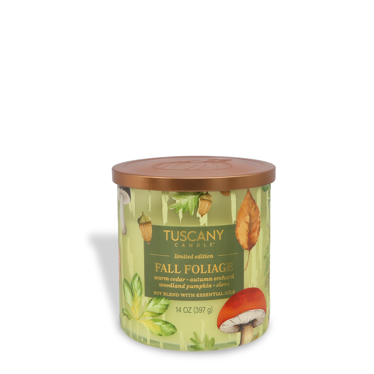 A 14 oz Tuscany Candle® SEASONAL "Fall Foilage: Pumpkin & Cedar Scented Fall Candle" from the Simply Fall Collection, featuring autumn-themed illustrations and a brown lid.