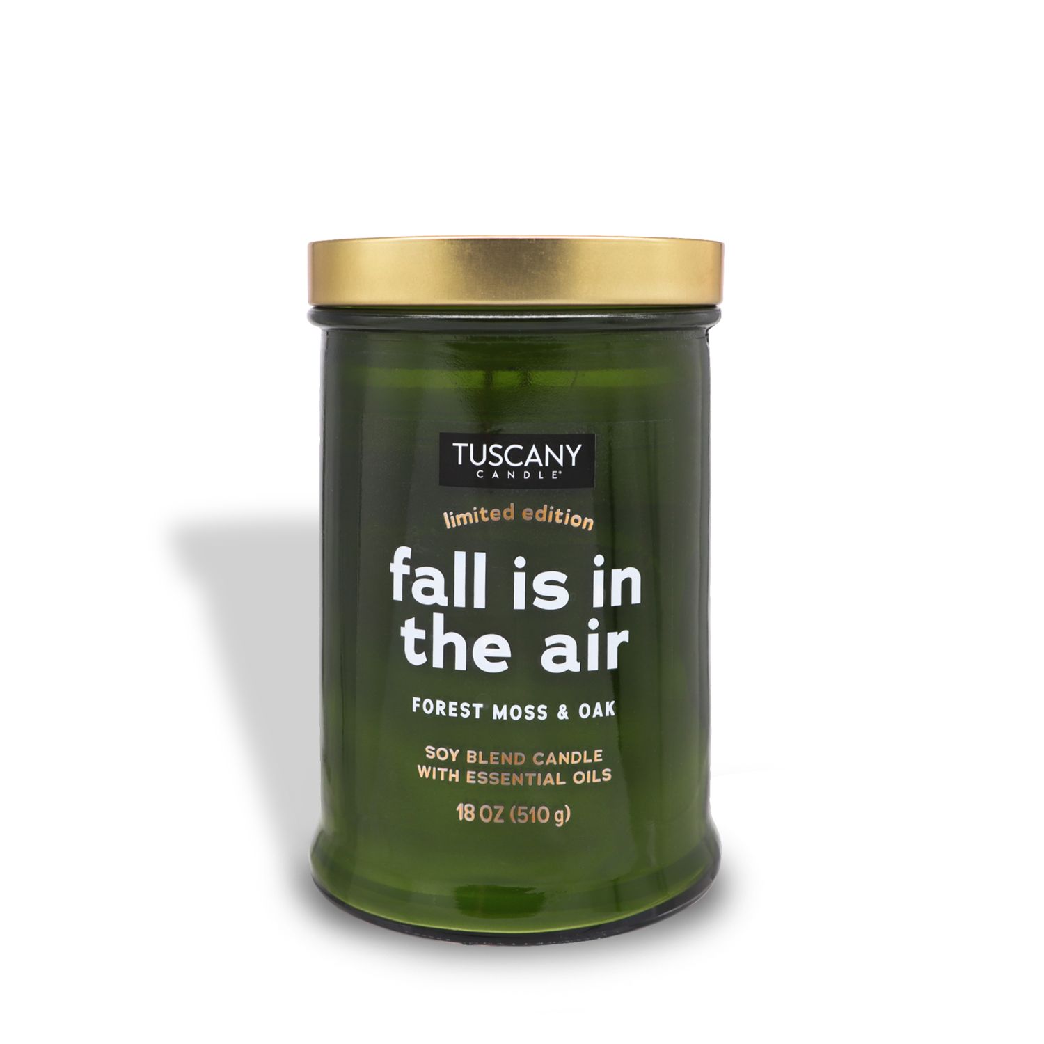 The Tuscany Candle® SEASONAL Fall is in the Air Long-Lasting Scented Jar Candle (18 oz) from the Gather Together Collection features a forest moss & oak fragrance, packaged in a green jar with a gold lid. This limited edition soy blend candle, infused with essential oils, perfectly captures the essence of autumn.