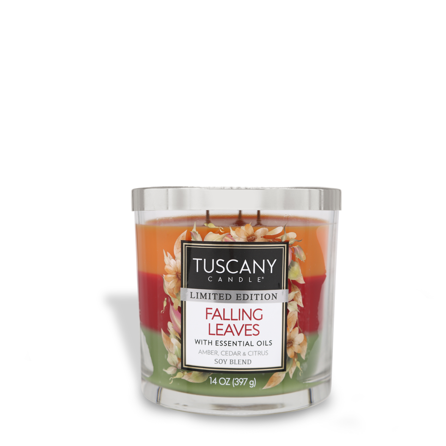 A 14 oz soy blend Tuscany Candle® SEASONAL, labeled "Falling Leaves Long-Lasting Scented Jar Candle (14 oz)," features layered colors and premium satin wax. This limited edition scented jar candle uses essential oils of amber, cedar, and citrus for its distinct fragrance notes.