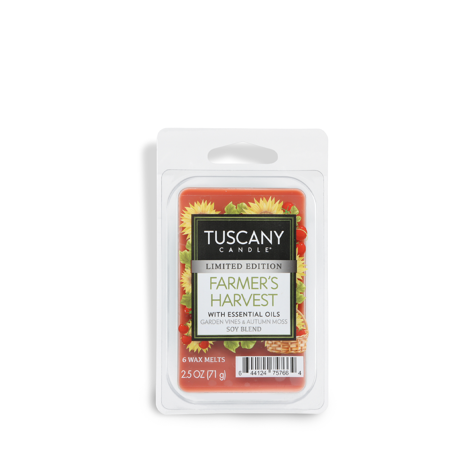 A 2.5 oz Tuscany Candle® SEASONAL Farmer's Harvest: Garden Vine & Geranium scented fall wax melt, made with essential oils and a soy blend.