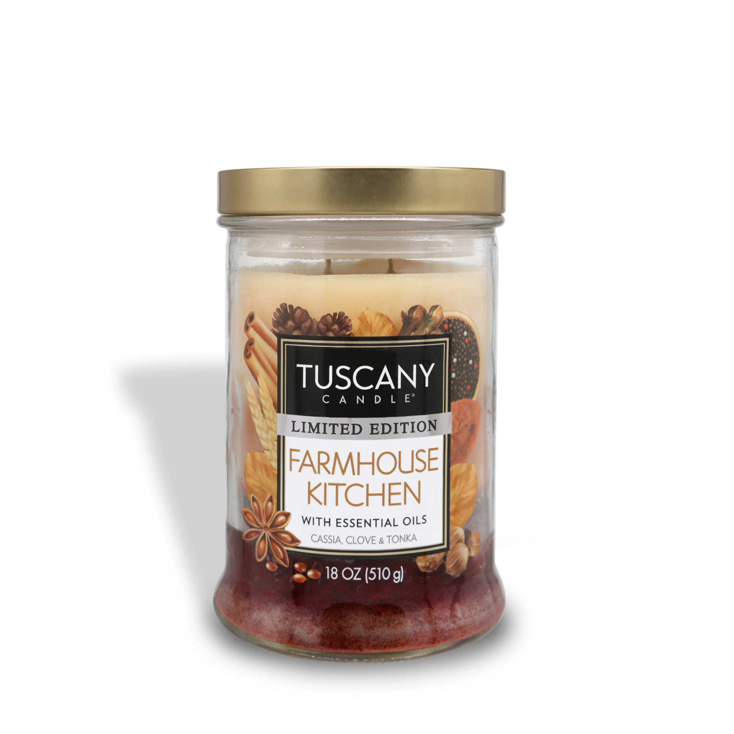 A glass jar candle labeled "Tuscany Candle® SEASONAL Farmhouse Kitchen Long-Lasting Scented Jar Candle (18 oz)" with marbled wax and essential oils of cassia, clove, and tonka. The scented candle is 18 oz (510 g) and features a gold lid.