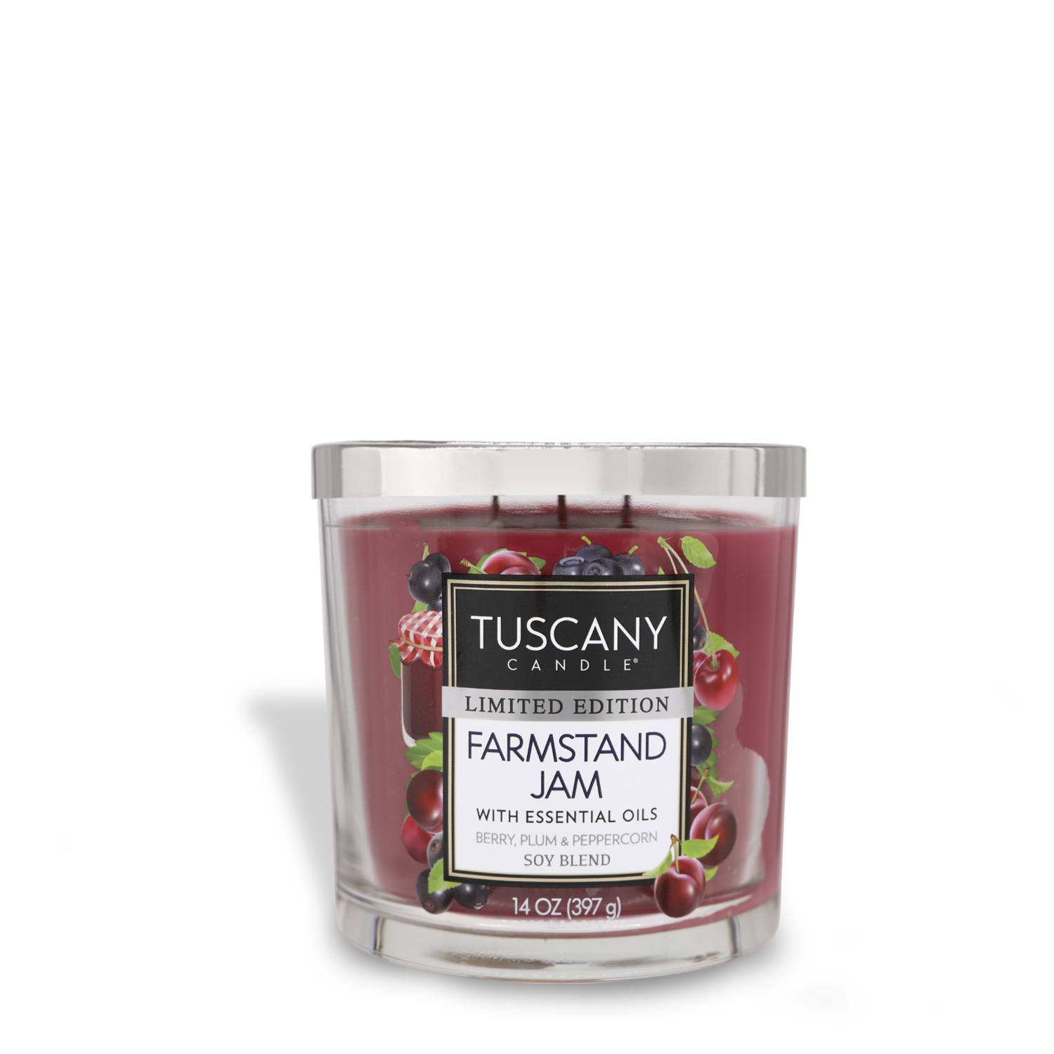 A 14 oz Tuscany Candle® SEASONAL labeled "Farmstand Jam Long-Lasting Scented Jar Candle (14 oz)" is presented. This limited edition soy blend candle features premium satin wax and is scented with berry, plum, and peppercorn essential oils.