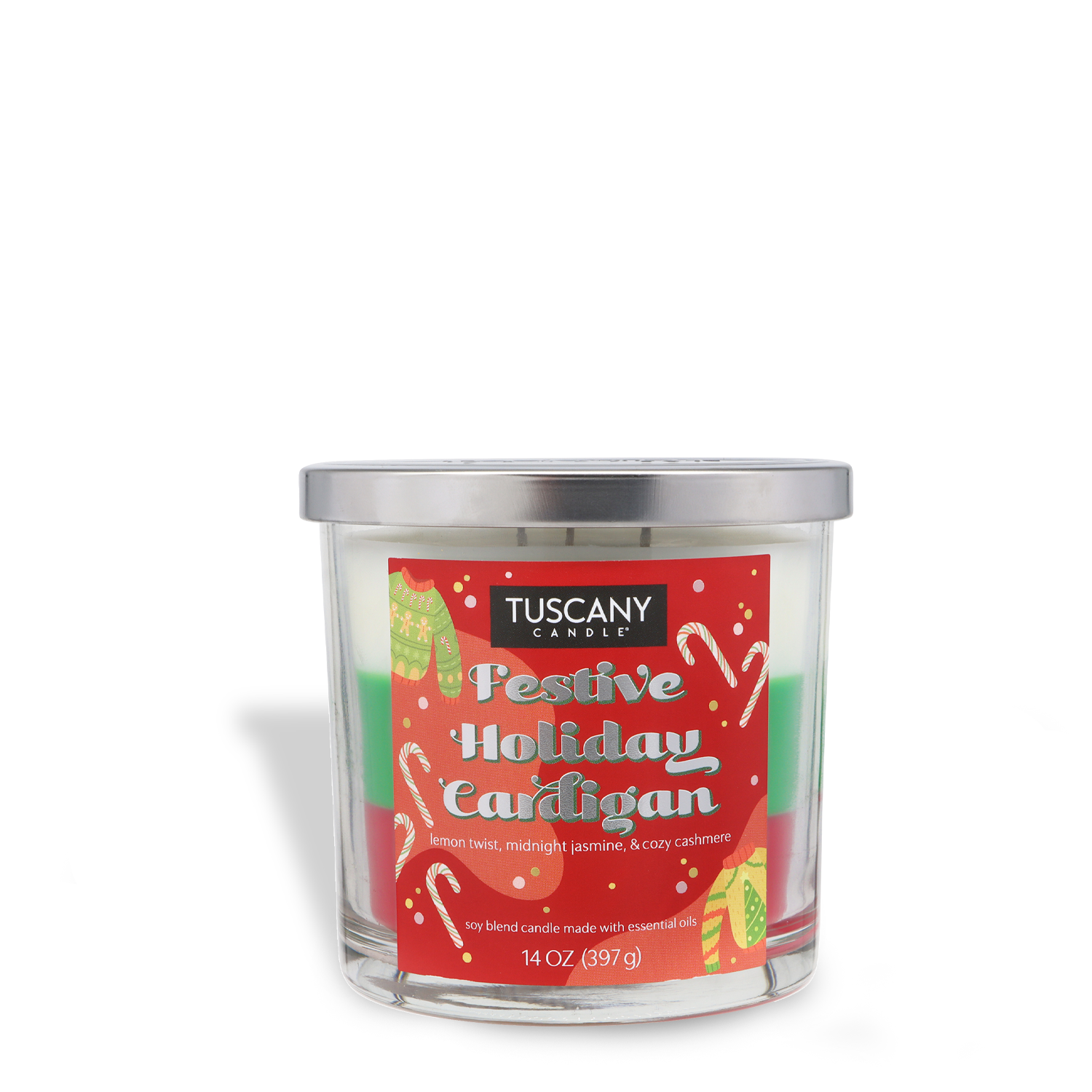 The Tuscany Candle® SEASONAL Festive Holiday Cardigan Scented Holiday Candle (14 oz) comes in a clear glass jar with a silver lid and a red holiday-themed label.