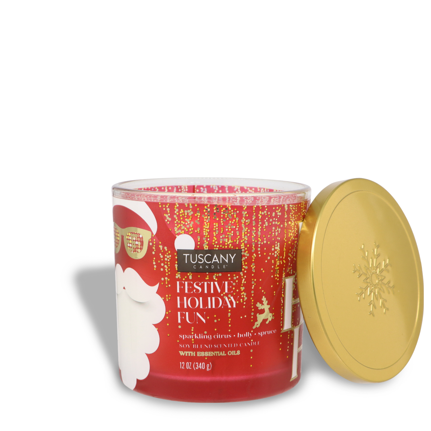 A red candle with a Santa design and a gold lid featuring a snowflake, labeled "Festive Holiday Fun Scented Jar Candle (12 oz)" by Tuscany Candle® SEASONAL.