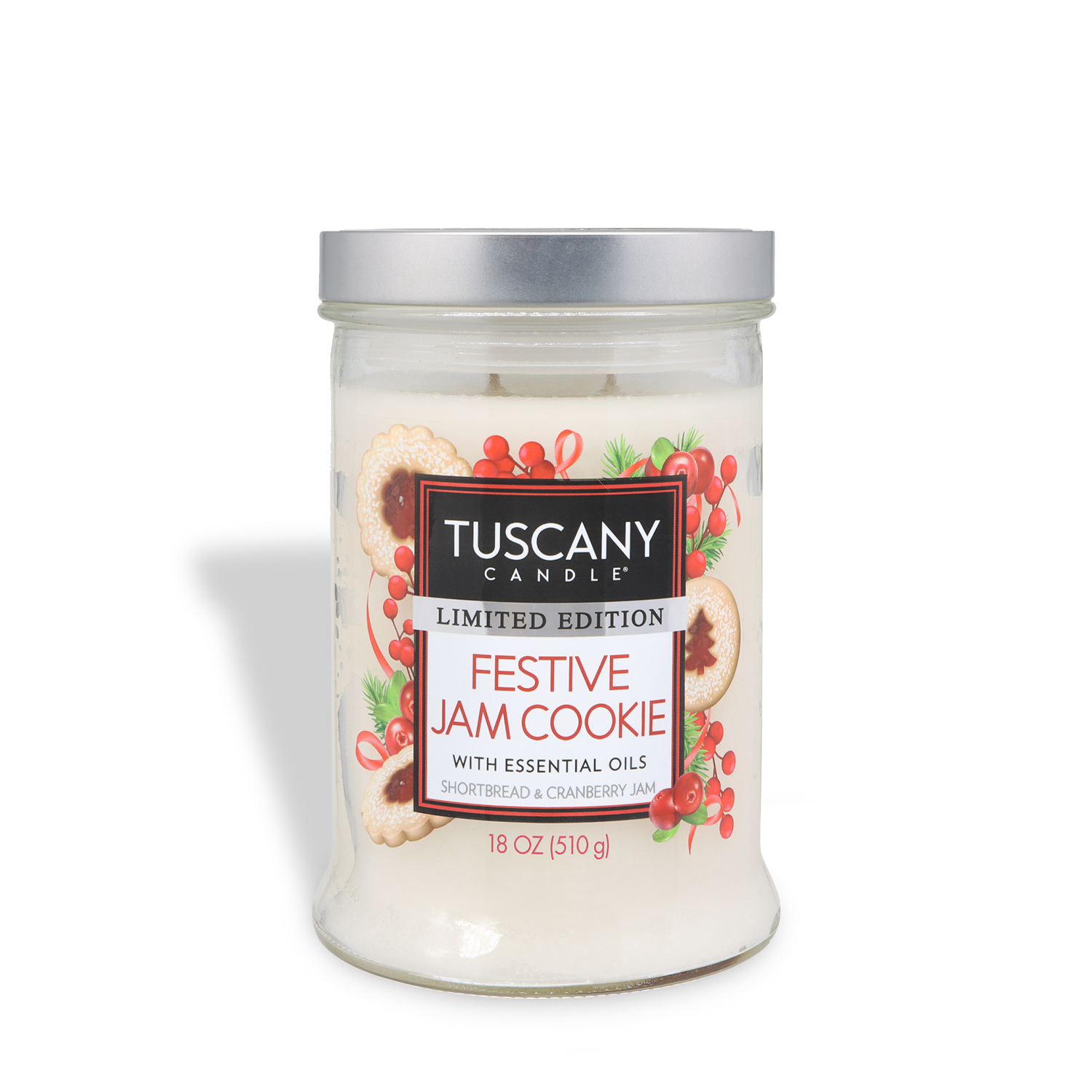 An 18 oz Tuscany Candle® SEASONAL "Festive Jam Cookie: Shortbread & Cranberry Scented Holiday Candle" features cookie and cranberry images on the label.
