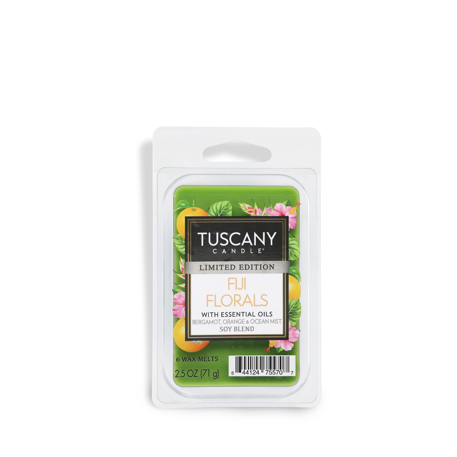 Limited edition Tuscany Candle® SEASONAL wax melts in Fiji Florals: Neroli & Bergamot, infused with essential oils, including ocean mist. Six melts, totaling 2.5 oz.