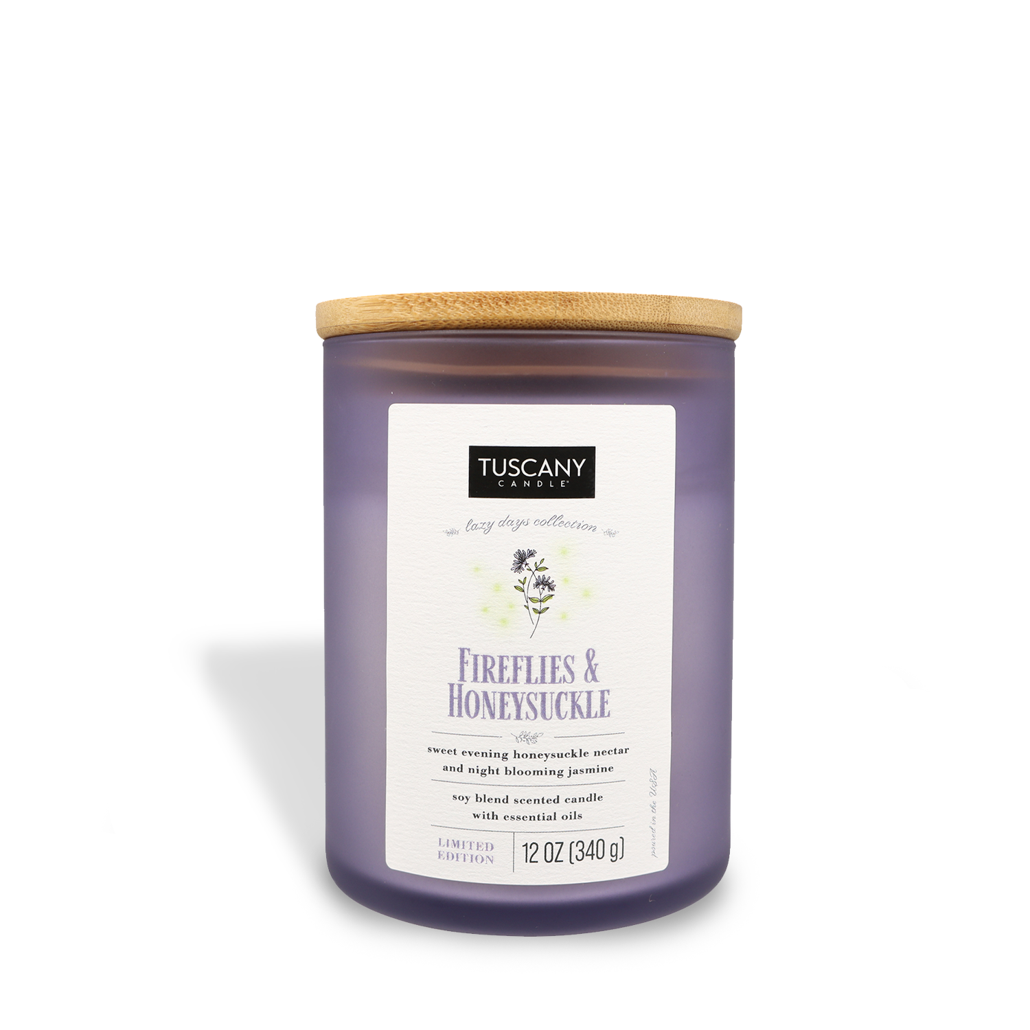 A Tuscany Candle® SEASONAL fireflies & honeysuckle scented candle in a purple jar with a matching lid.