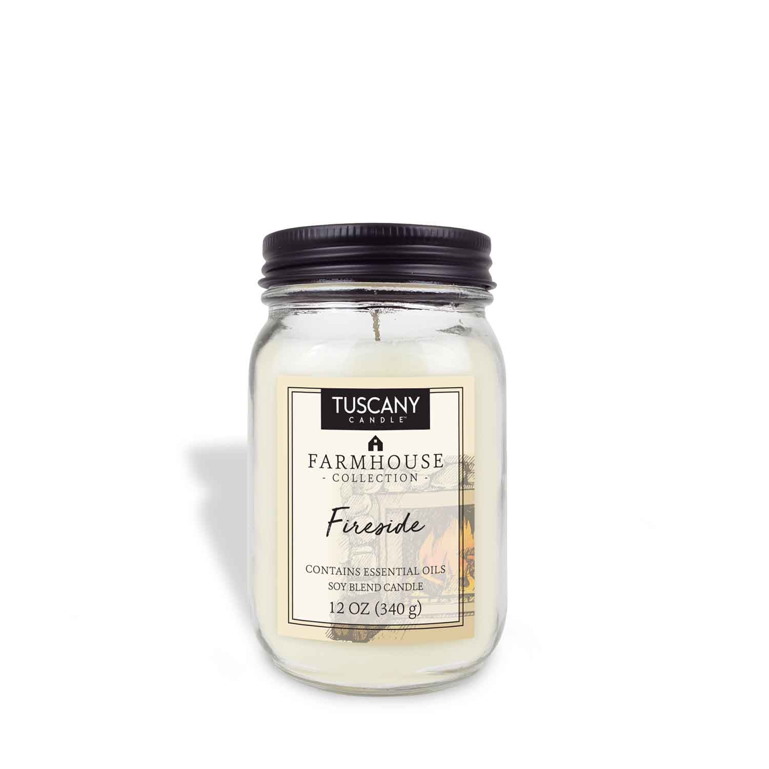 A Fireside Scented Jar Candle (12 oz) from Tuscany Candle, with a rustic touch, displayed against a white background as part of the Farmhouse Collection.
