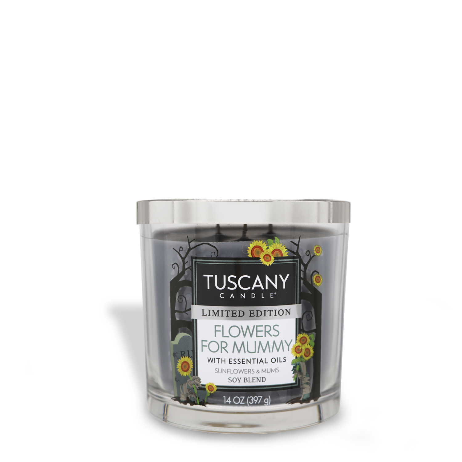 A 14 oz Tuscany Candle® SEASONAL labeled "Flowers For Mummy Long-Lasting Scented Jar Candle (14 oz)" featuring a premium satin wax blend with essential oils, sunflowers and mums. This soy blend candle in a glass jar with a silver lid also includes three wicks for an even burn.