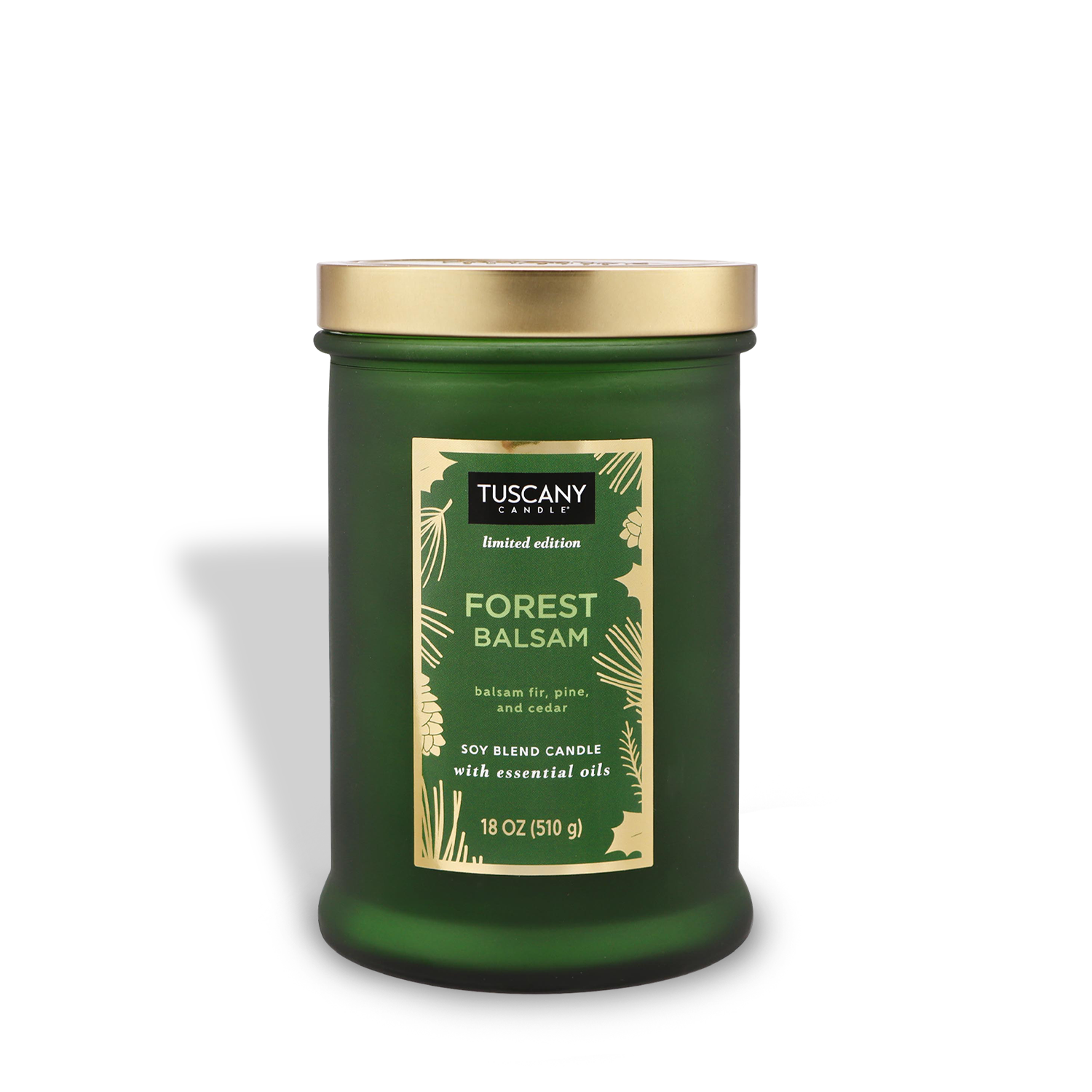 Green jar candle from the Tuscany Candle® SEASONAL brand's Winter Reverie Collection, labeled "Forest Balsam," infused with essential oils and featuring the scents of balsam fir, pine, and cedar. Contains 18 oz (510 g) of a soy blend candle.