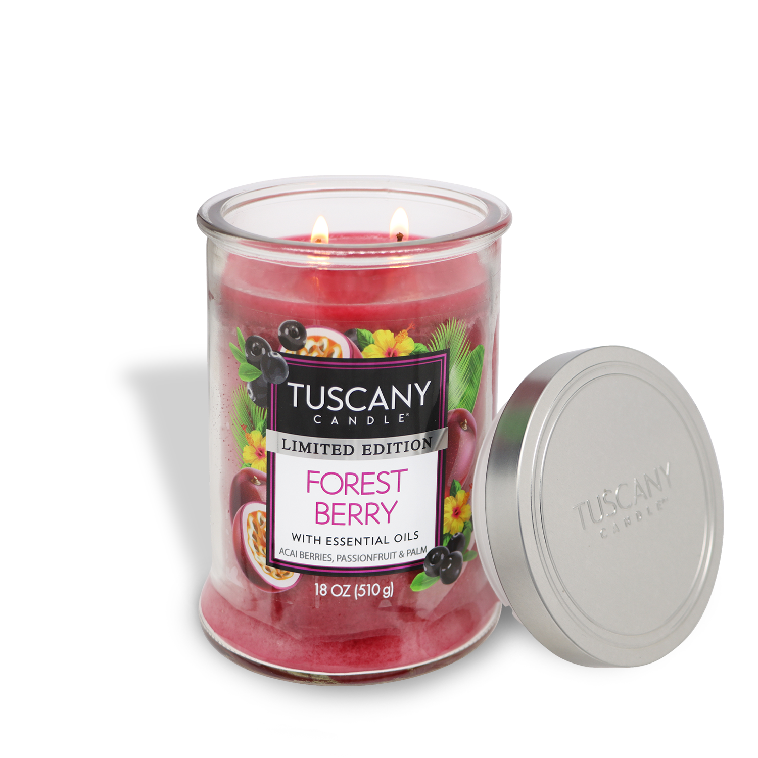 The Tuscany Candle® SEASONAL Forest Berry: Passionfruit Scented Summer Candle (18 oz) is a limited edition, two-wick candle with essential oils and a silver lid placed beside the jar.