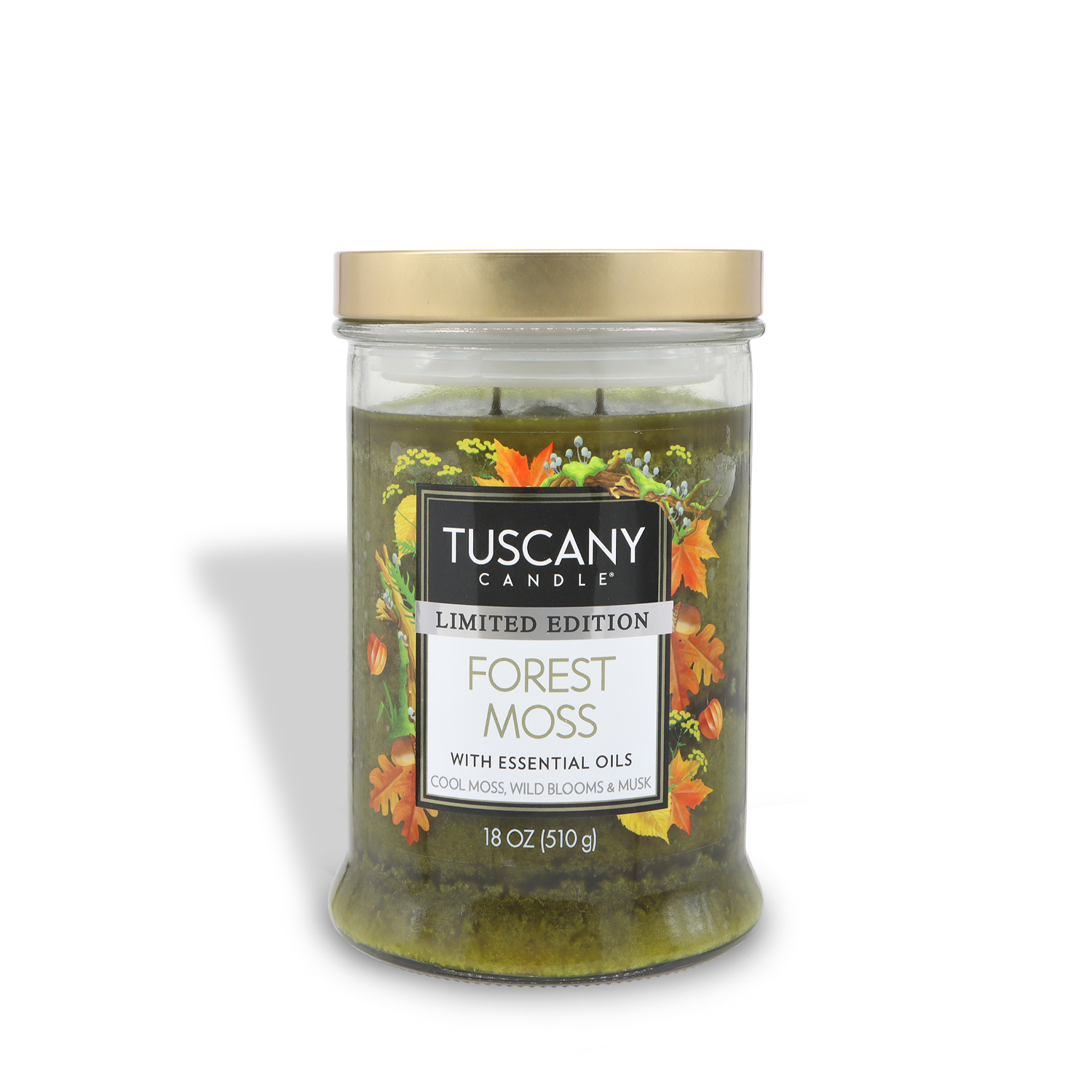An 18 oz Tuscany Candle® SEASONAL Forest Moss: Eucalyptus & Musk scented fall candle with green wax, a gold lid, and a decorative label.