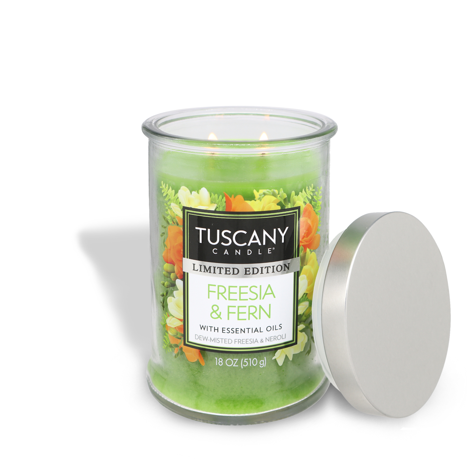 A Freesia & Fern Long-Lasting Scented Jar Candle (18 oz) with a lid, perfect for the Summer Collection by Tuscany Candle® SEASONAL.