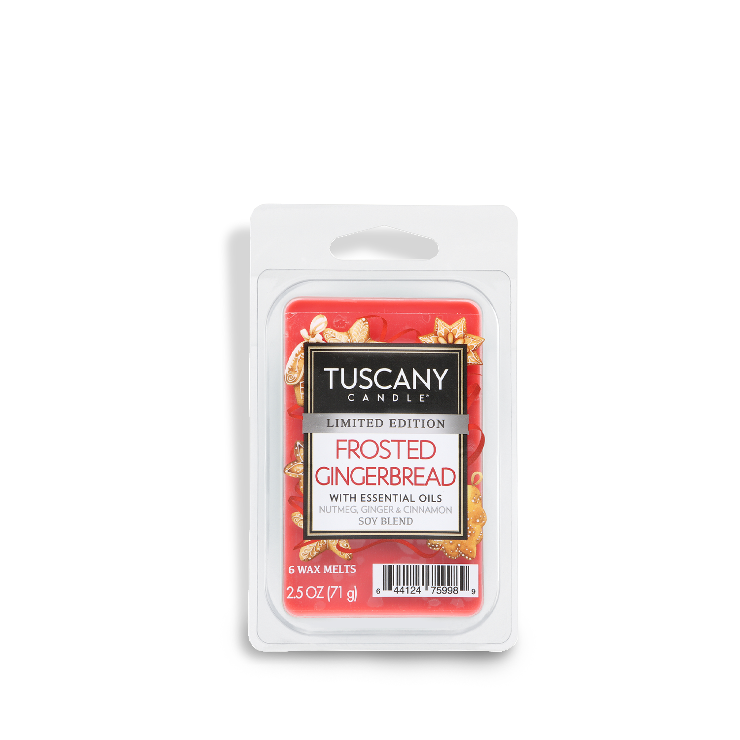 A 2.5 oz Tuscany Candle® SEASONAL Frosted Gingerbread: Nutmeg & Cinnamon Scented Holiday Wax Melt with gingerbread illustrations on the label.