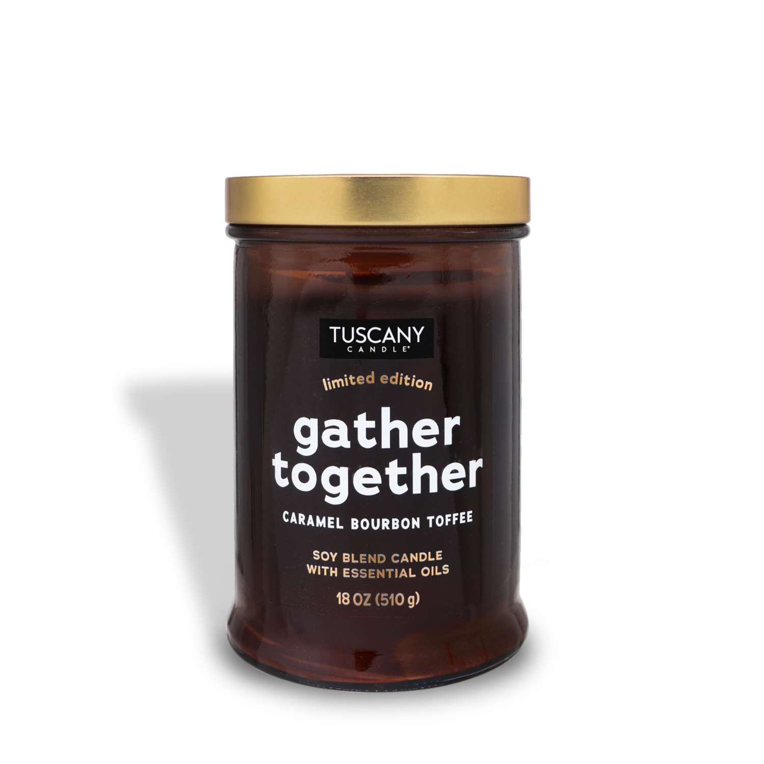 A Tuscany Candle® SEASONAL "Gather Together Long-Lasting Scented Jar Candle" from the Gather Together Collection, weighing 18 oz (510 g), emits a luxurious fragrance of caramel infused with aged bourbon toffee. This soy blend candle with essential oils features a gold lid.