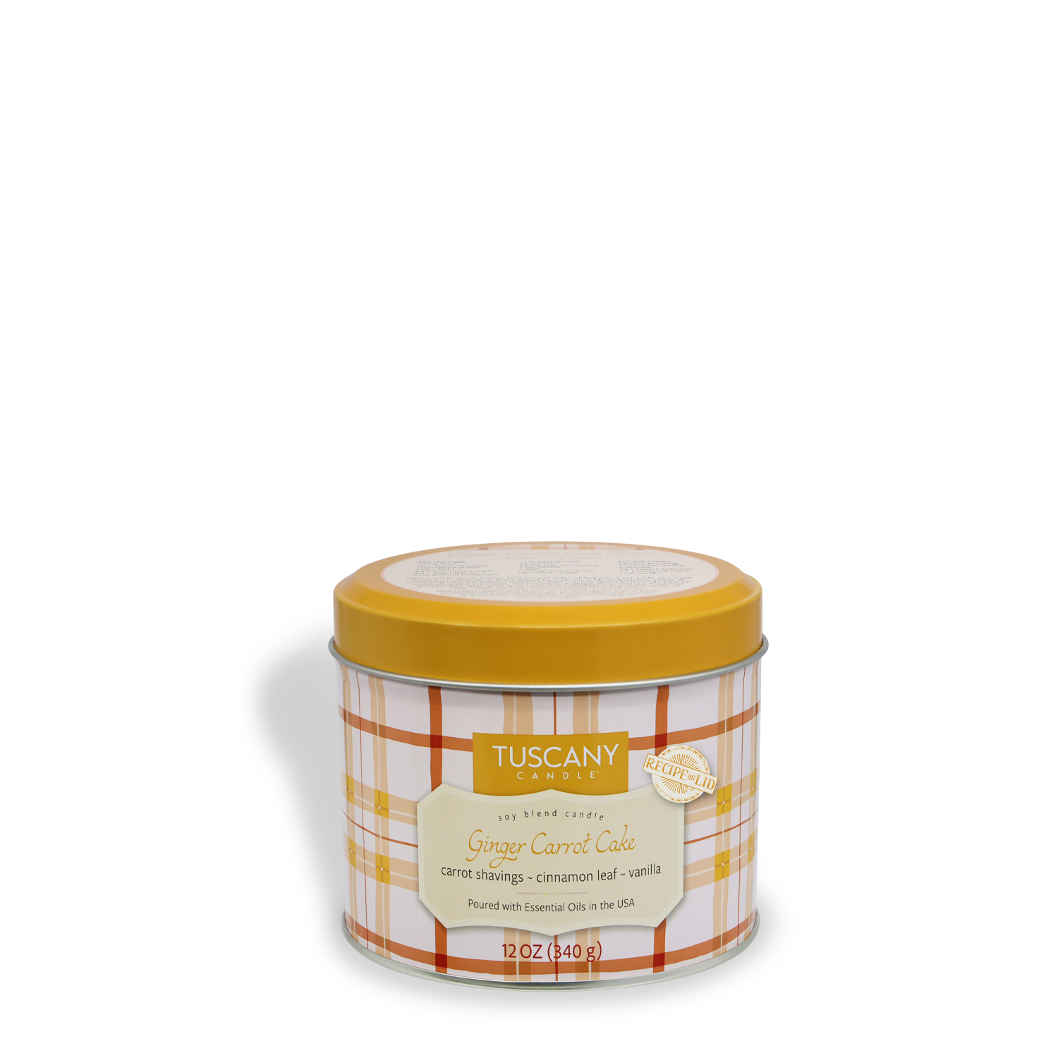 A round tin with a yellow lid and plaid design, labeled "Tuscany Candle® SEASONAL Ginger Carrot Cake: Spice Cake & Sugar Scented Fall Candle (12 oz) – Bakery Tins Collection.