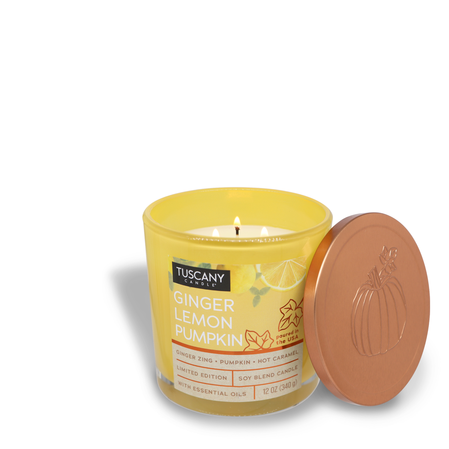 A Tuscany Candle® SEASONAL Ginger Lemon Pumpkin Long-Lasting Scented Jar Candle (12 oz) from the Copper Harvest Collection, with its lid removed, displays an orange pumpkin design on the lid and a lit wick. The candle comes in a yellow glass container, making it an ideal addition to autumn decor.