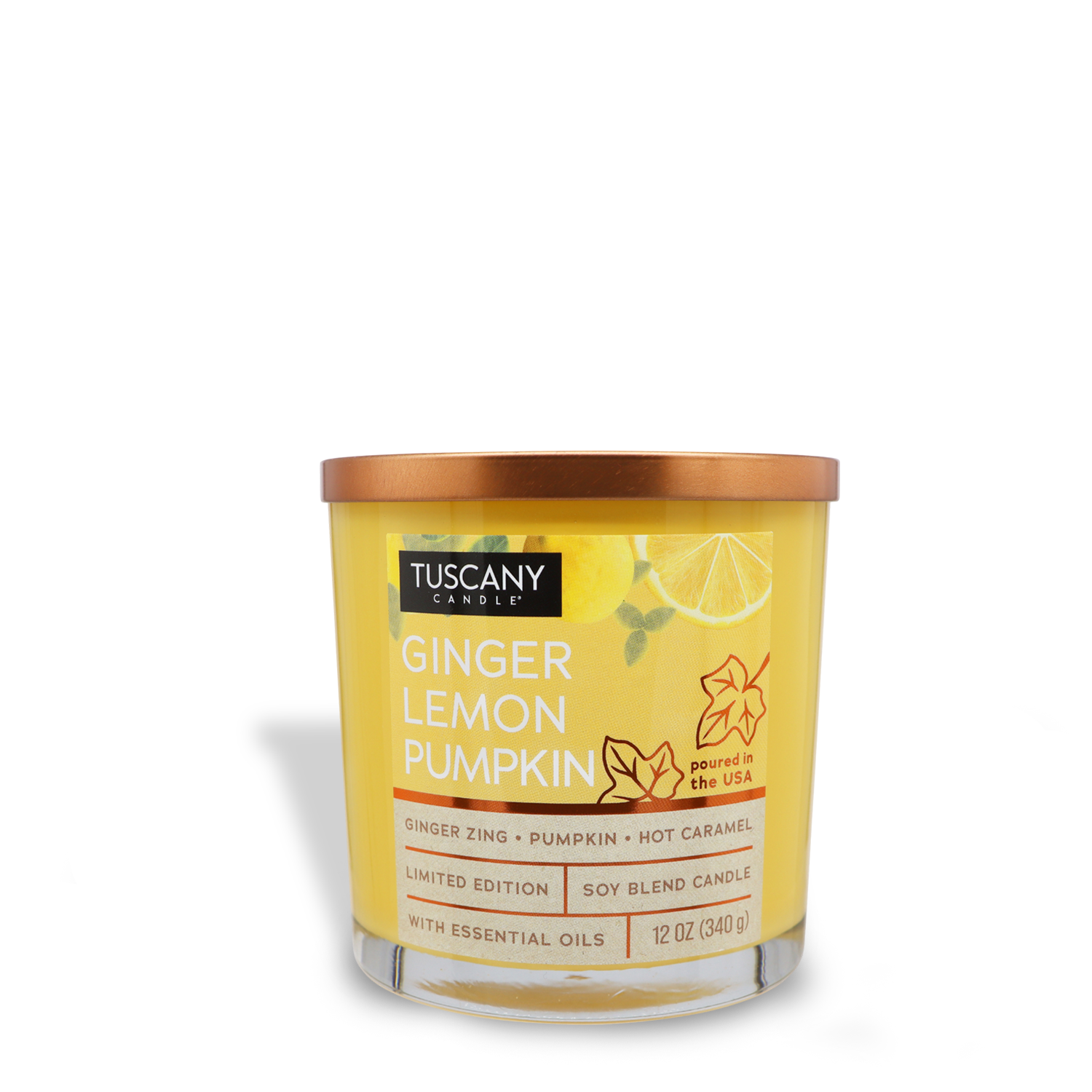 The Tuscany Candle® SEASONAL Ginger Lemon Pumpkin Long-Lasting Scented Jar Candle, weighing 12 oz (340 g), is part of the Copper Harvest Collection. This limited edition soy blend candle features a bronze lid and essential oils, making it perfect for adding an elegant touch to your autumn decor.