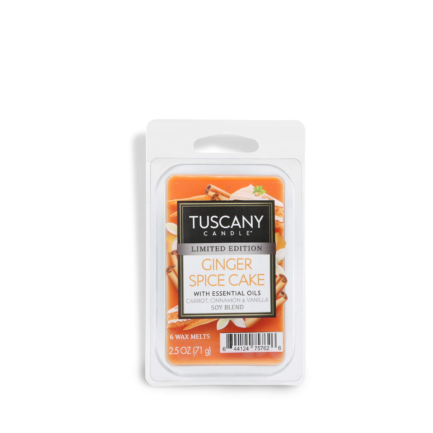 A 2.5 oz Tuscany Candle® SEASONAL Ginger Spice Cake: Carrot & Vanilla Scented Fall Wax Melt in a plastic container with labeled cover and orange wax.