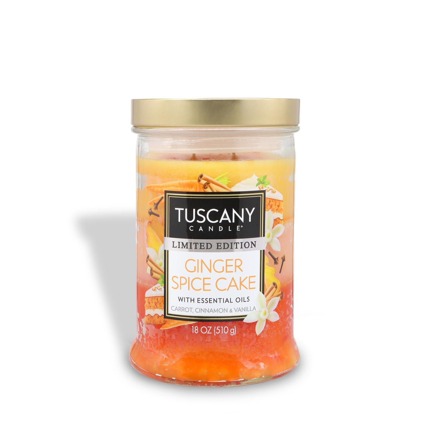 The Tuscany Candle® SEASONAL Ginger Spice Cake: Carrot & Vanilla Scented Fall Candle (18 oz) is a limited edition jar with essential oils, featuring carrot, cinnamon, and vanilla notes and topped with a gold lid.