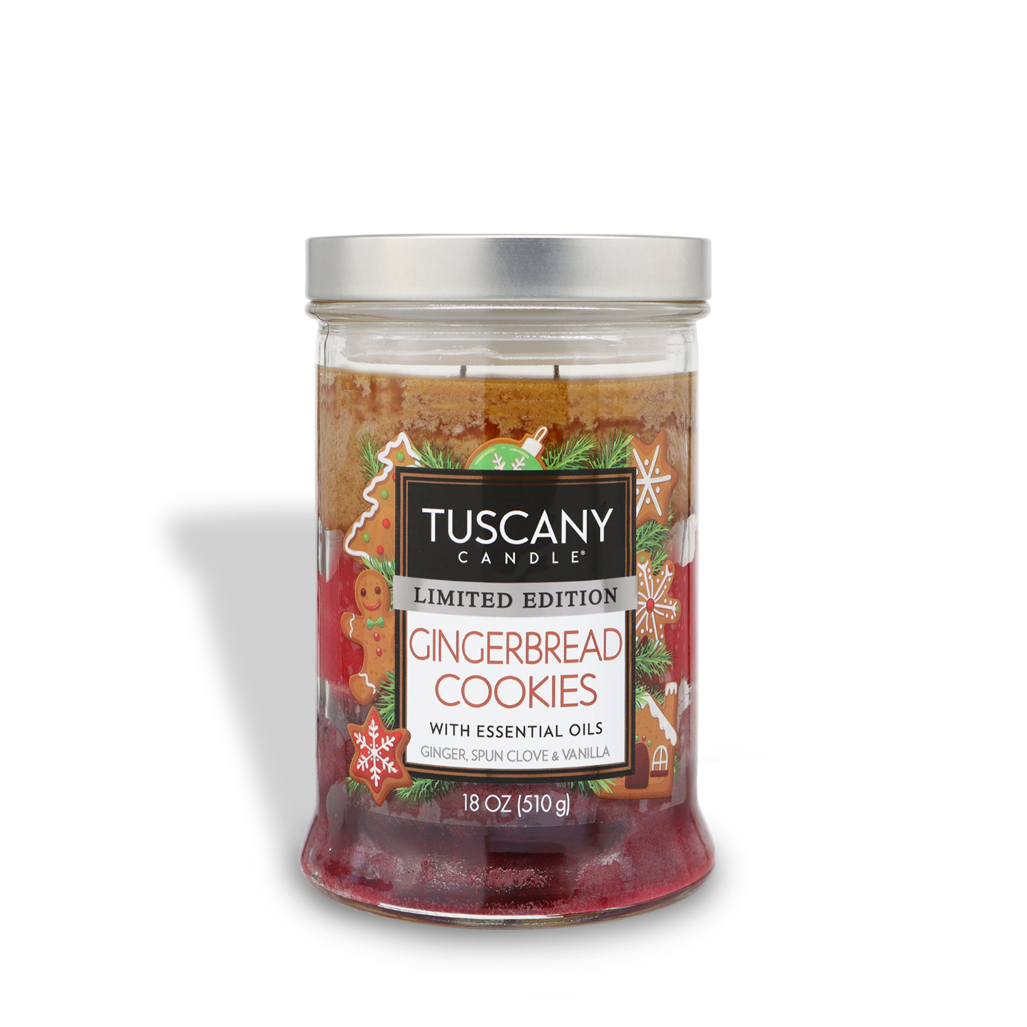 A Tuscany Candle® SEASONAL labeled "Gingerbread Cookies Long-Lasting Scented Jar Candle" in an 18 oz glass jar, featuring ginger, spun clove, and vanilla scent with essential oils.