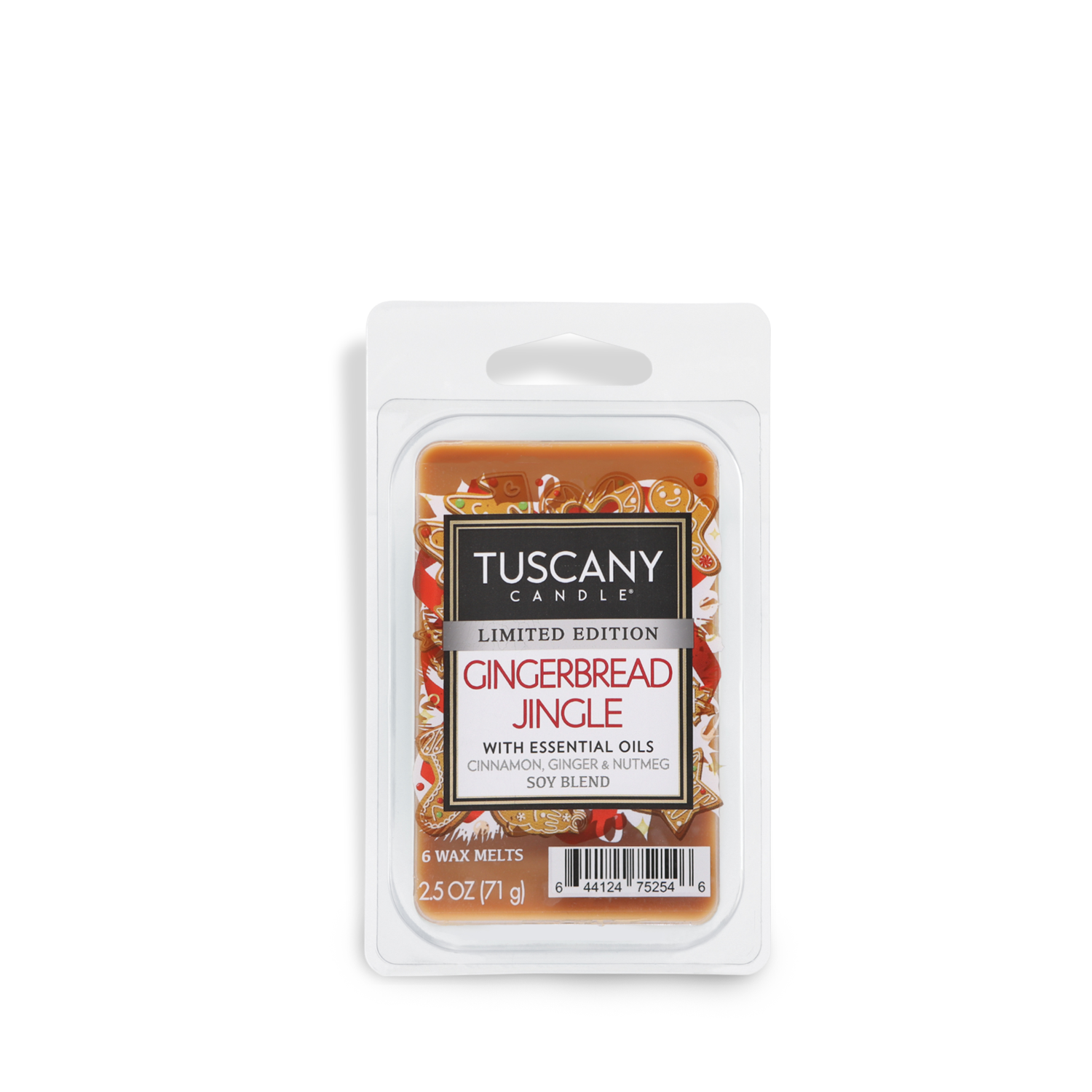 A limited edition package of Tuscany Candle® SEASONAL Gingerbread Jingle Scented Wax Melt, featuring essential oils with notes of cinnamon, ginger, and nutmeg. The package contains six wax melts and weighs 2.5 oz (71 g).