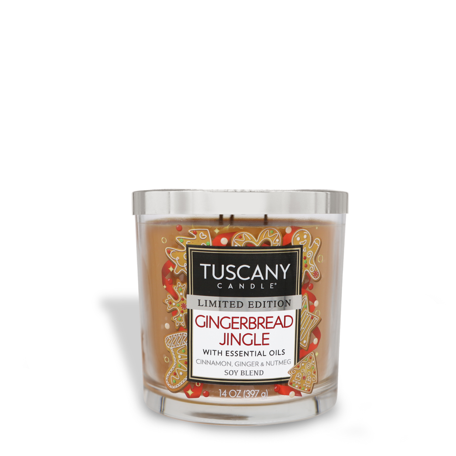 A Tuscany Candle® SEASONAL "Gingerbread Jingle Long-Lasting Scented Jar Candle" in a clear glass jar features essential oils of cinnamon, ginger, and nutmeg in a soy blend. Net weight: 14 oz (397 g).