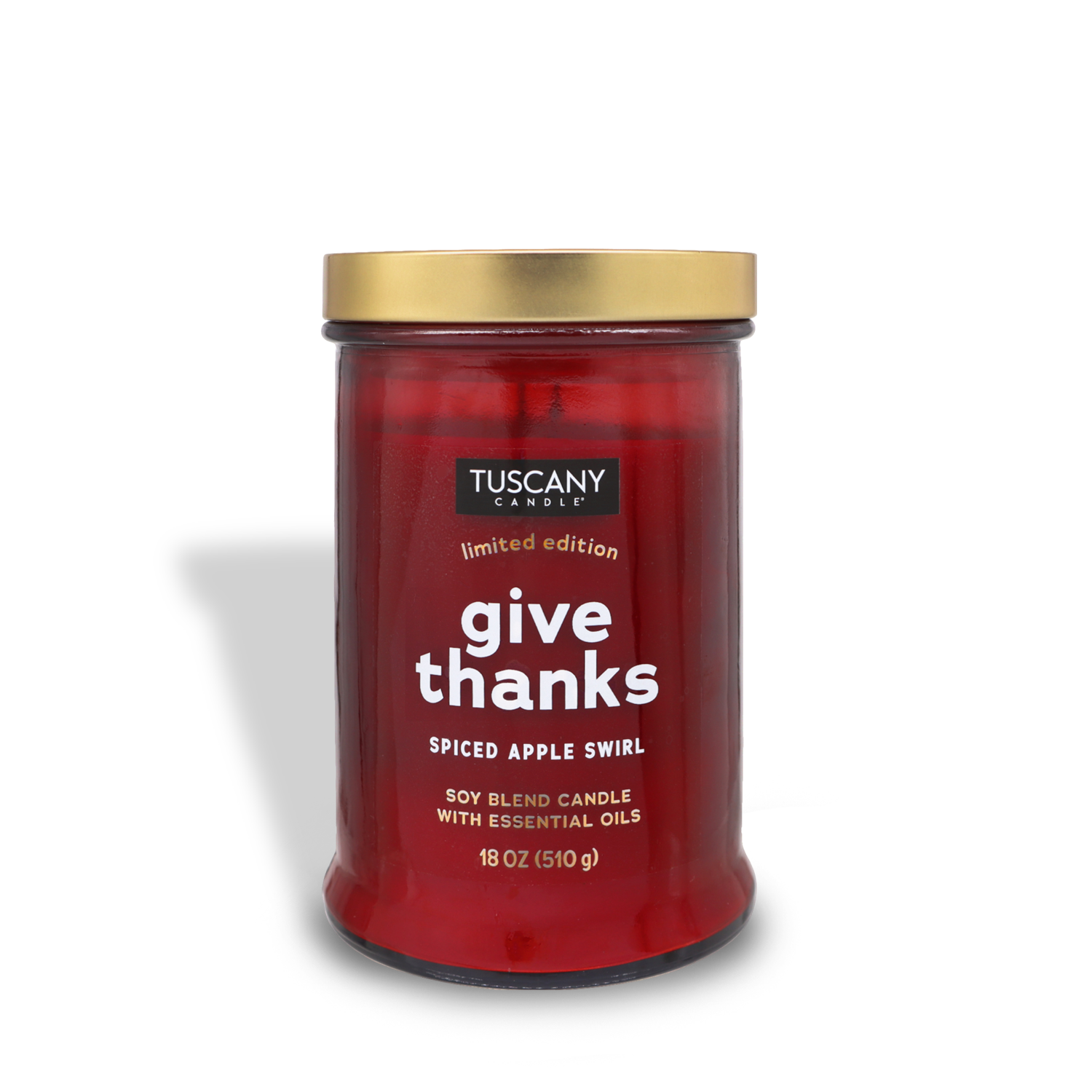 A red spiced apple swirl scented candle from the Tuscany Candle® SEASONAL brand, labeled "Give Thanks," with a gold lid. Part of the Gather Together Collection, this limited edition soy blend features essential oils and hints of cinnamon and brown-sugared apples. Weighs 18 oz (510 g).