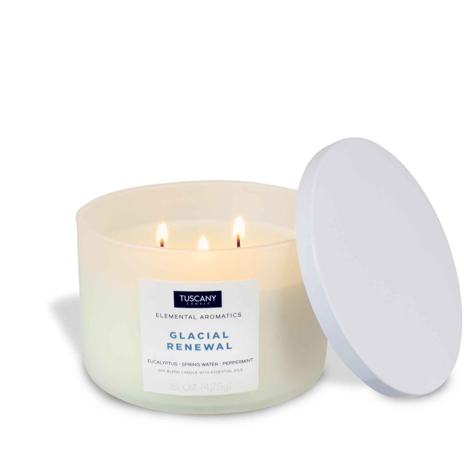 A Glacial Renewal scented candle with a white lid on a refreshing white background by Tuscany Candle.