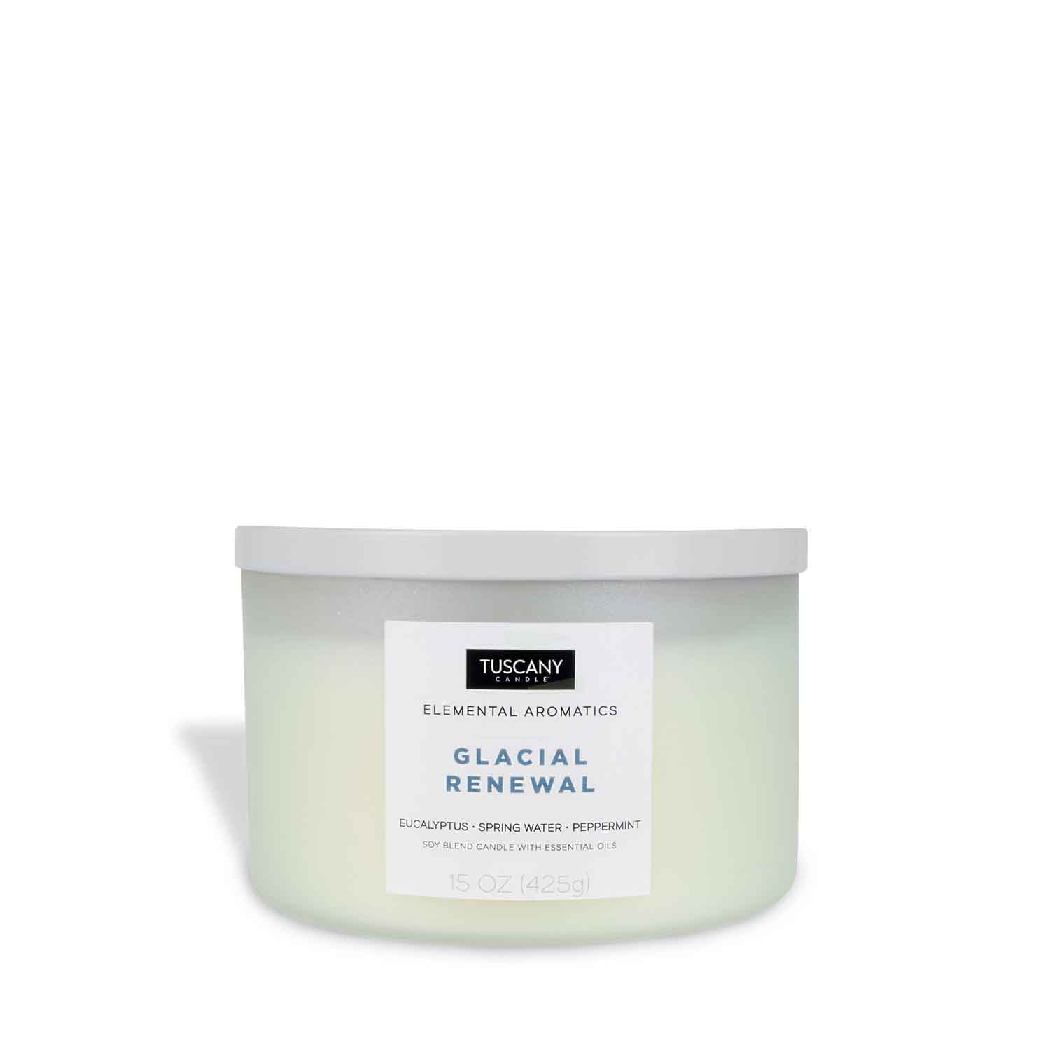 A refreshing tin of Glacial Renewal Scented Jar Candle (15 oz) – Elemental Aromatics Collection by Tuscany Candle on a white background.