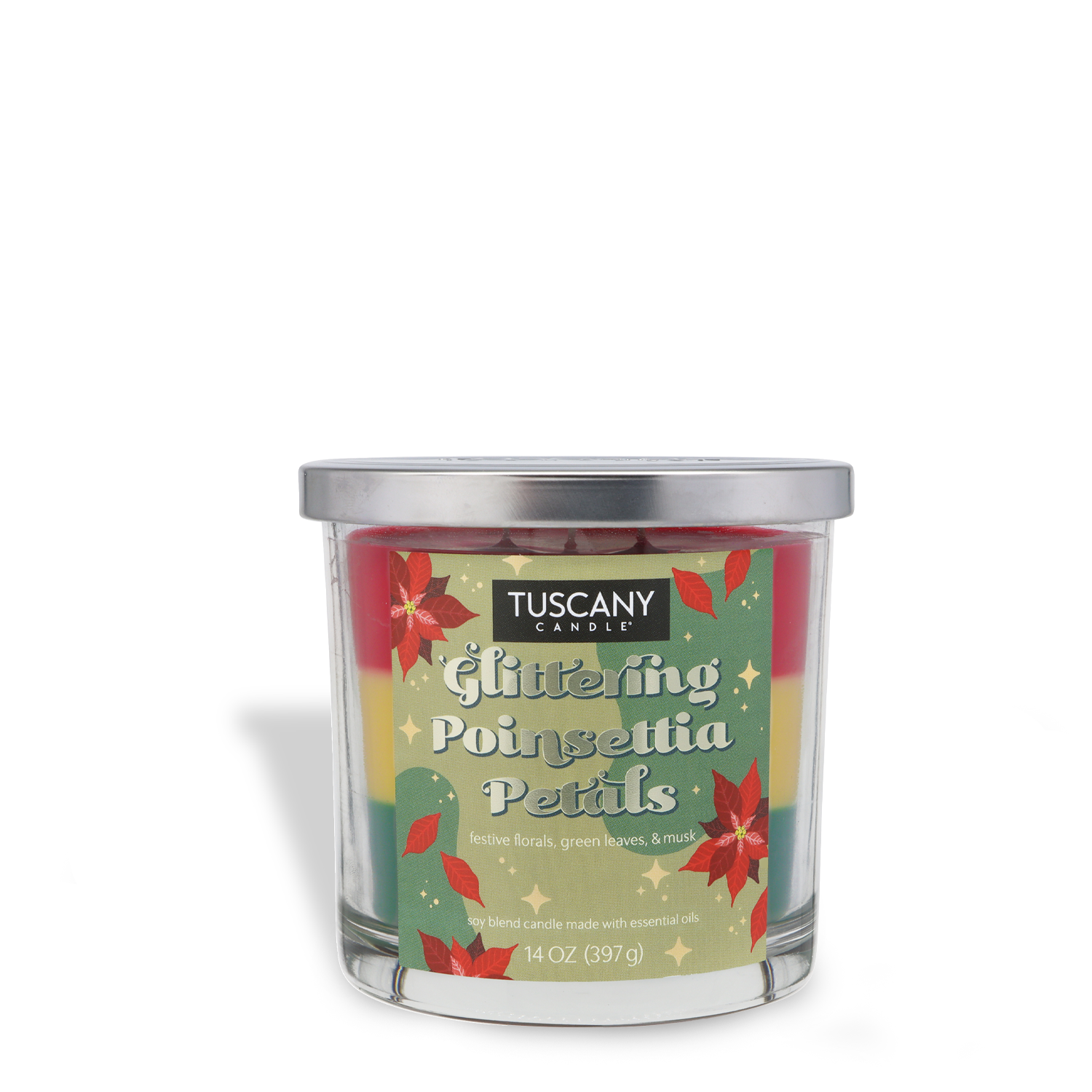 The Tuscany Candle® SEASONAL Glittering Poinsettia Petals Scented Holiday Candle (14 oz) comes in a clear glass jar with poinsettia designs.