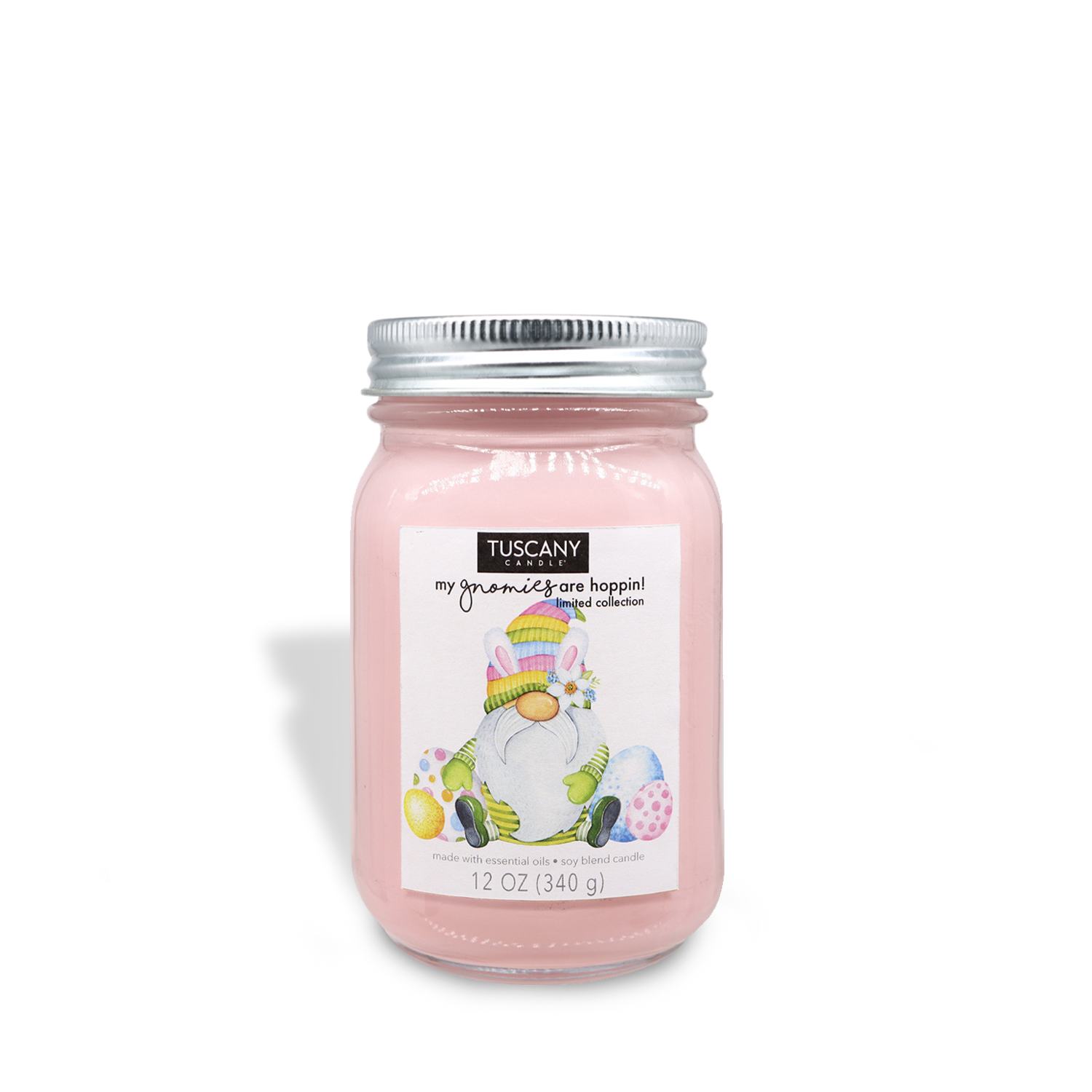A pink jar with an image of the Gnome Bunny Breeze (12 oz) from the My Gnomies Are Hoppin' Collection by Tuscany Candle® SEASONAL, filled with coconut and sea salt.