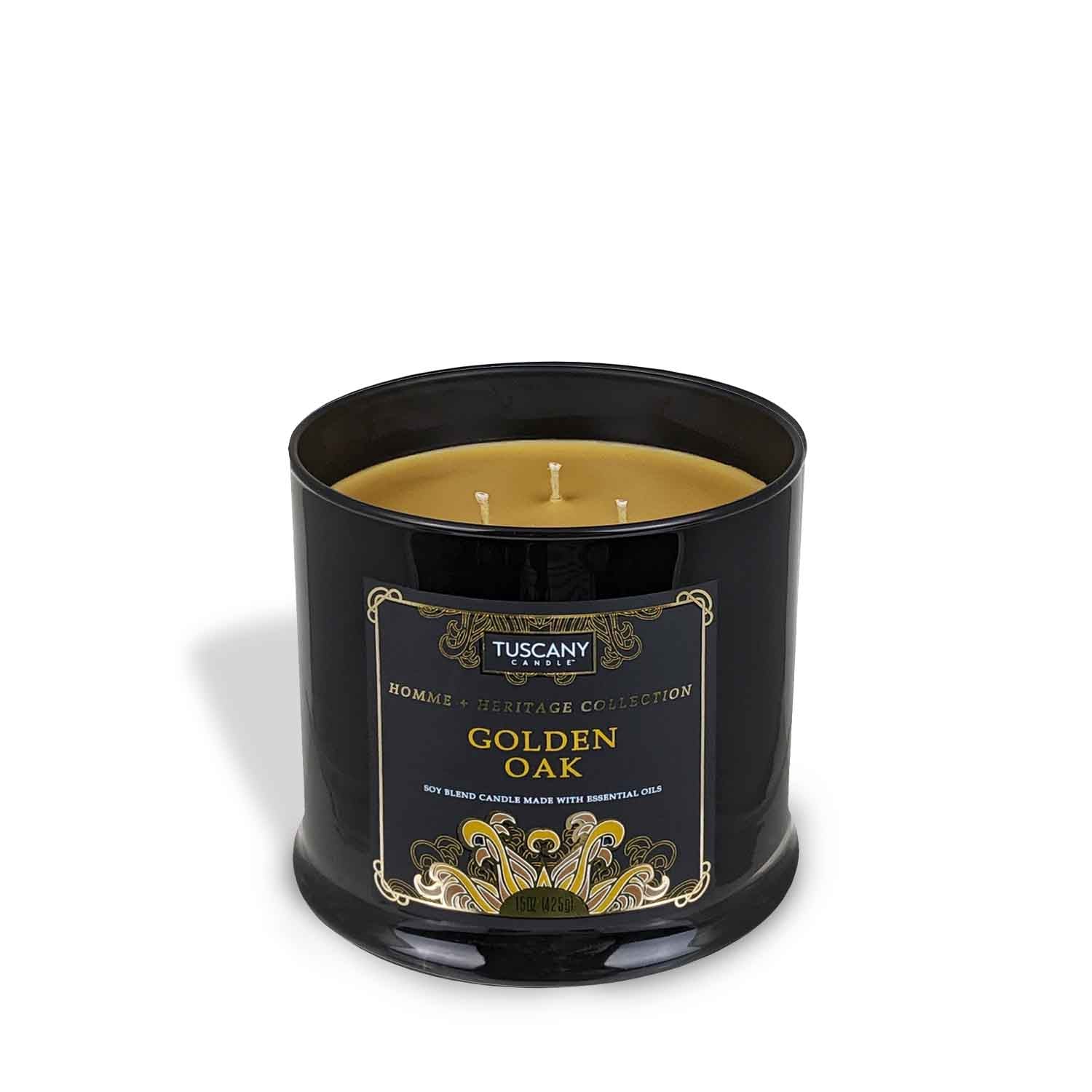 Golden Oak scented candle in a black tin - Tuscany Candle.
