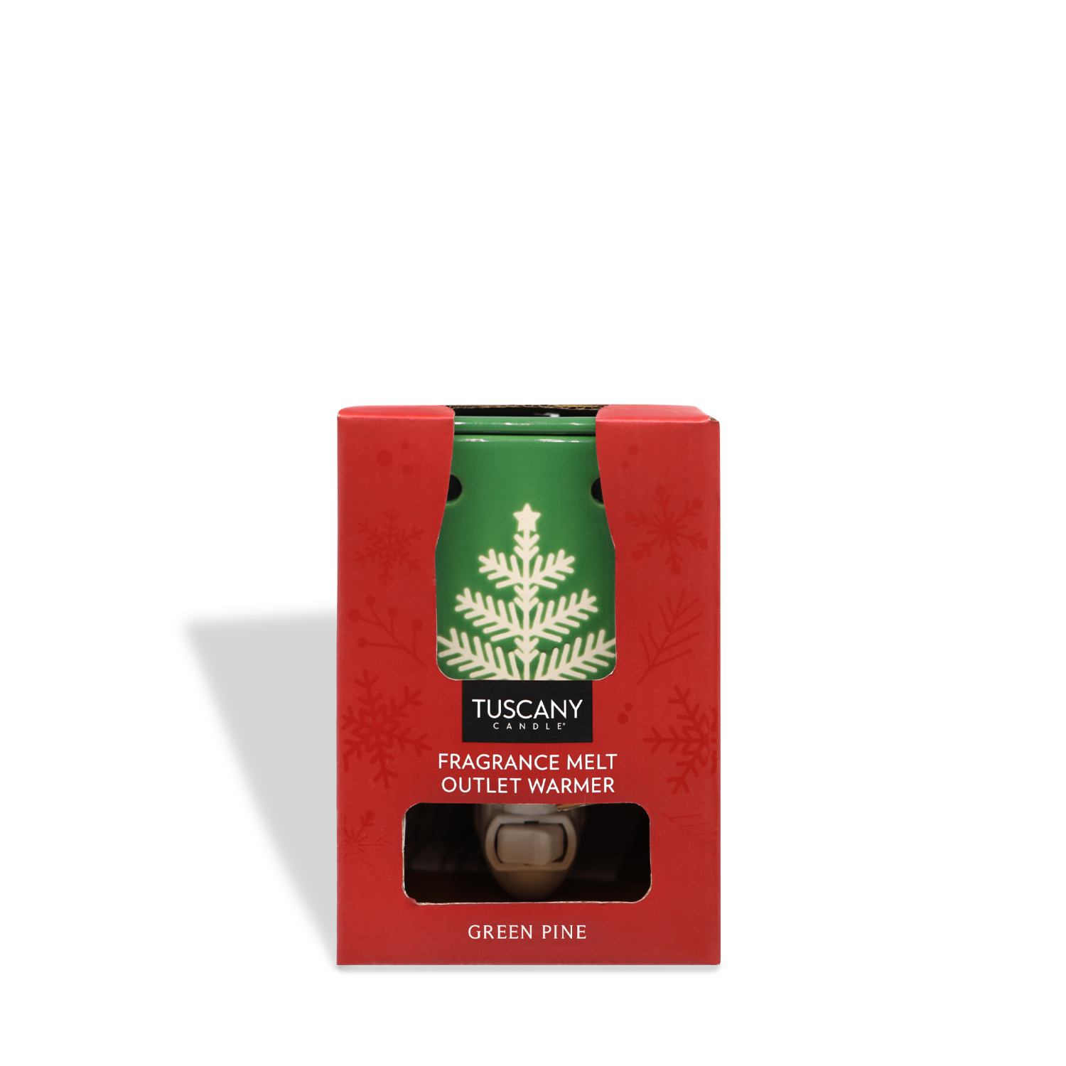 A Pine Tree Outlet Wax Melt Warmer by Tuscany Candle® SEASONAL featuring a green pine design on a red background.