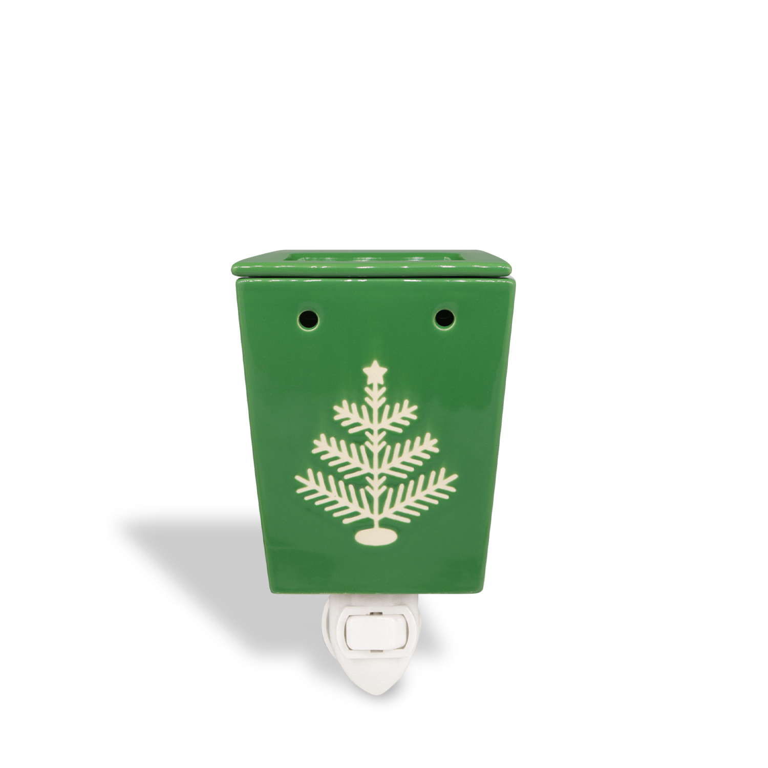 Tuscany Candle® SEASONAL Pine Tree Outlet Wax Melt Warmer with a white Christmas tree design.