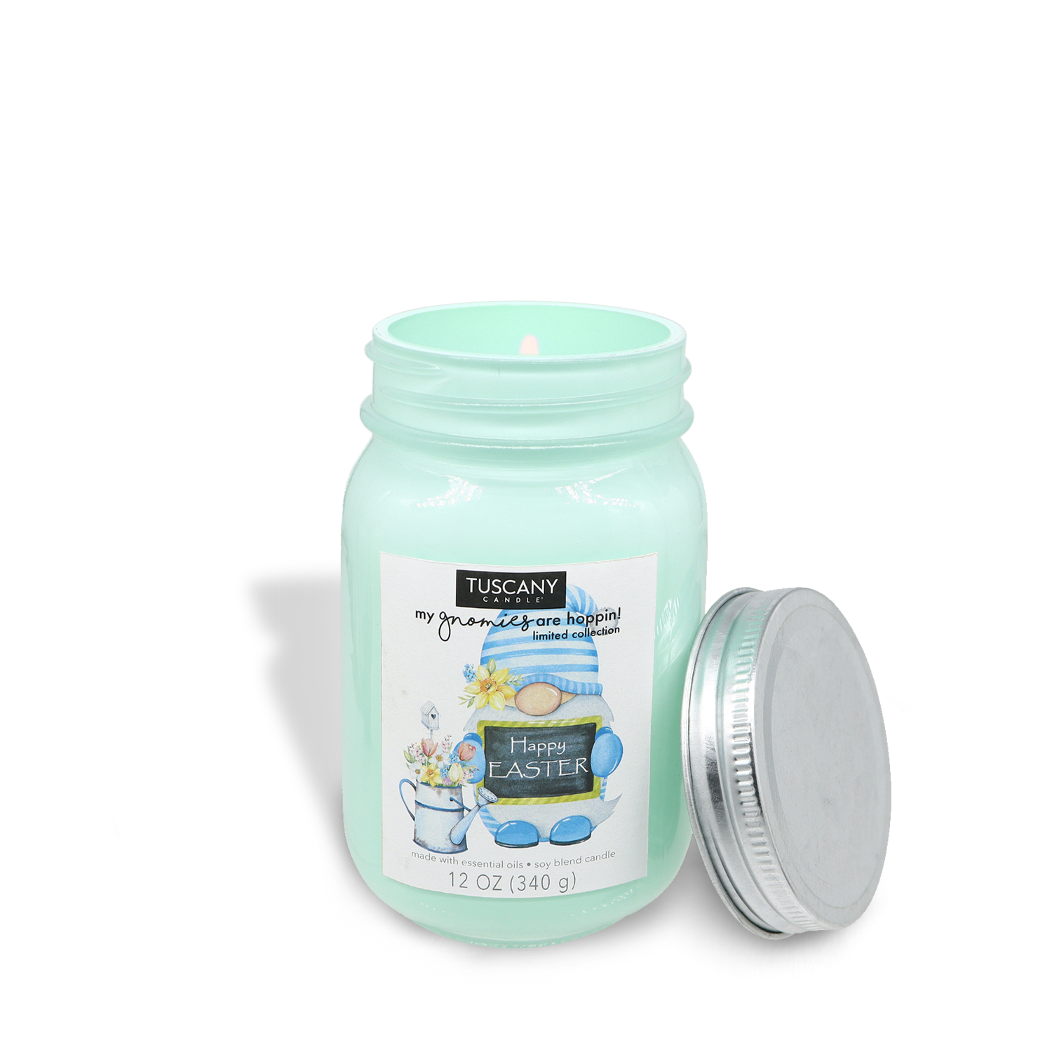 A jar with a Happy Easter Gnome (12 oz) from the My Gnomies Are Hoppin' Collection by Tuscany Candle® SEASONAL inside.
