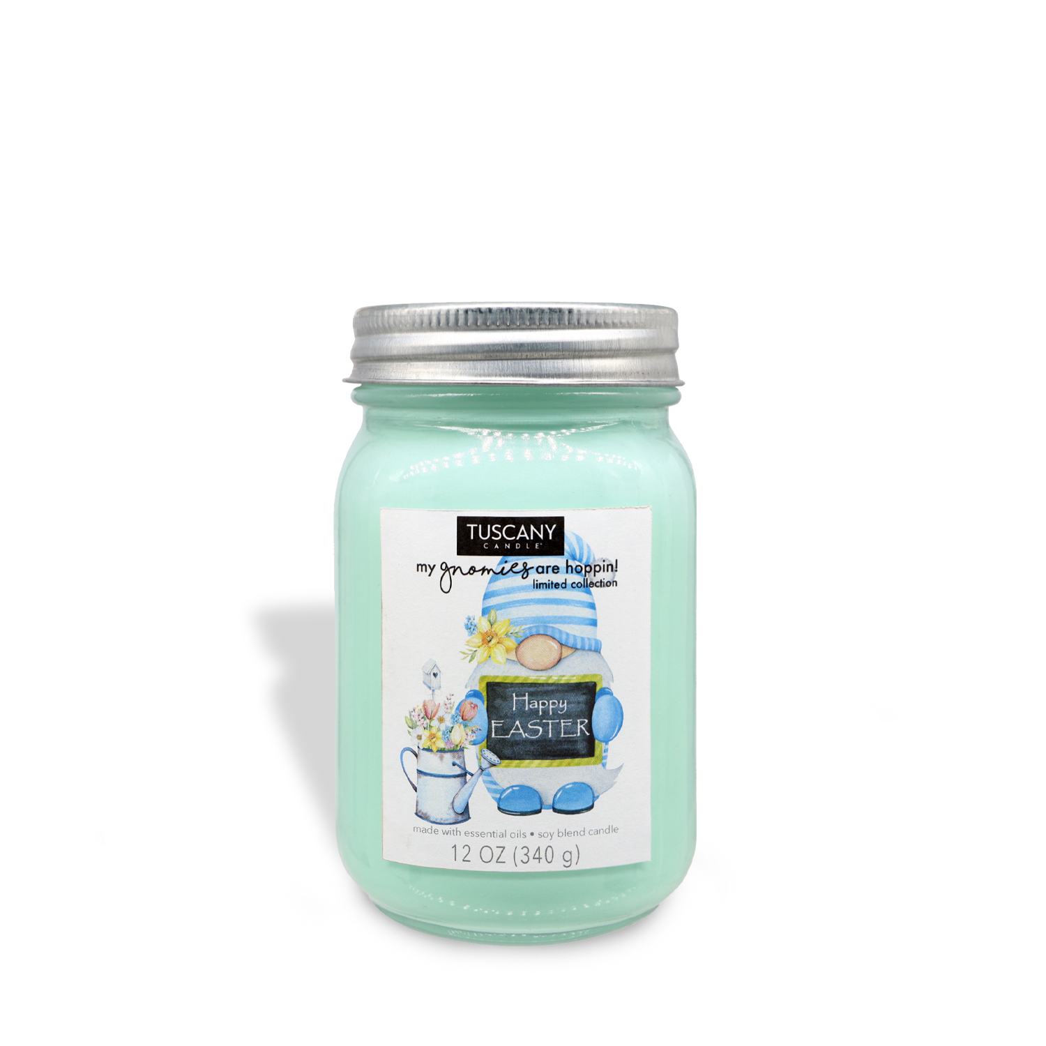 A Happy Easter Gnome (12 oz) jar infused with the refreshing scent of driftwood and sea salt, from the Tuscany Candle® SEASONAL collection.