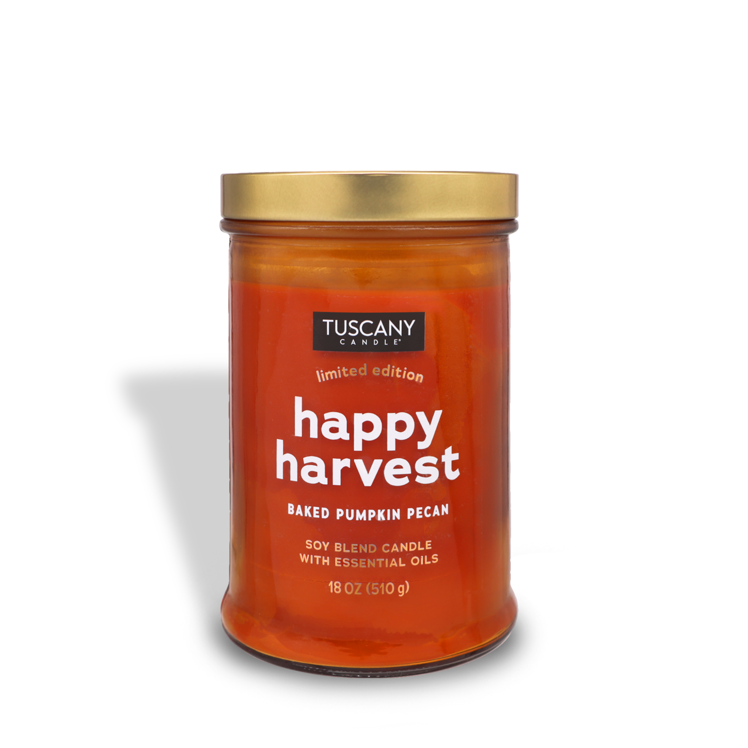 A Tuscany Candle® SEASONAL Happy Harvest Long-Lasting Scented Jar Candle (18 oz) from the Gather Together Collection is a limited edition soy blend candle with a baked pumpkin pecan scent. Infused with essential oils, this pumpkin candle brings the comforting autumn aroma of spiced pecans and comes in an amber jar topped with a gold lid.