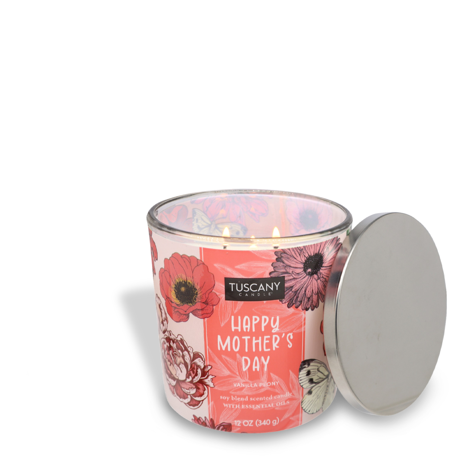 A floral-printed Tuscany Candle® SEASONAL 'Happy Mother's Day (12 oz) – Mother's Day Collection' scented candle with a metal lid beside it on a white background.