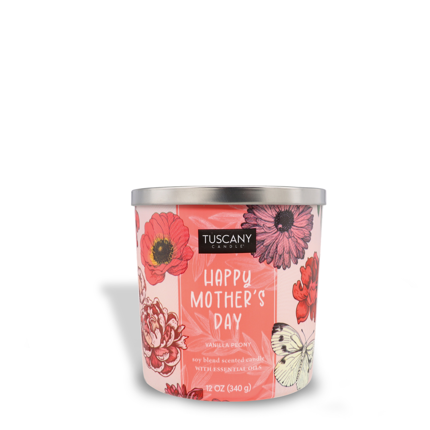 A candle labeled "Happy Mother's Day (12 oz) – Mother's Day Collection" with floral designs on the container, featuring a vanilla peony scent by Tuscany Candle® SEASONAL.