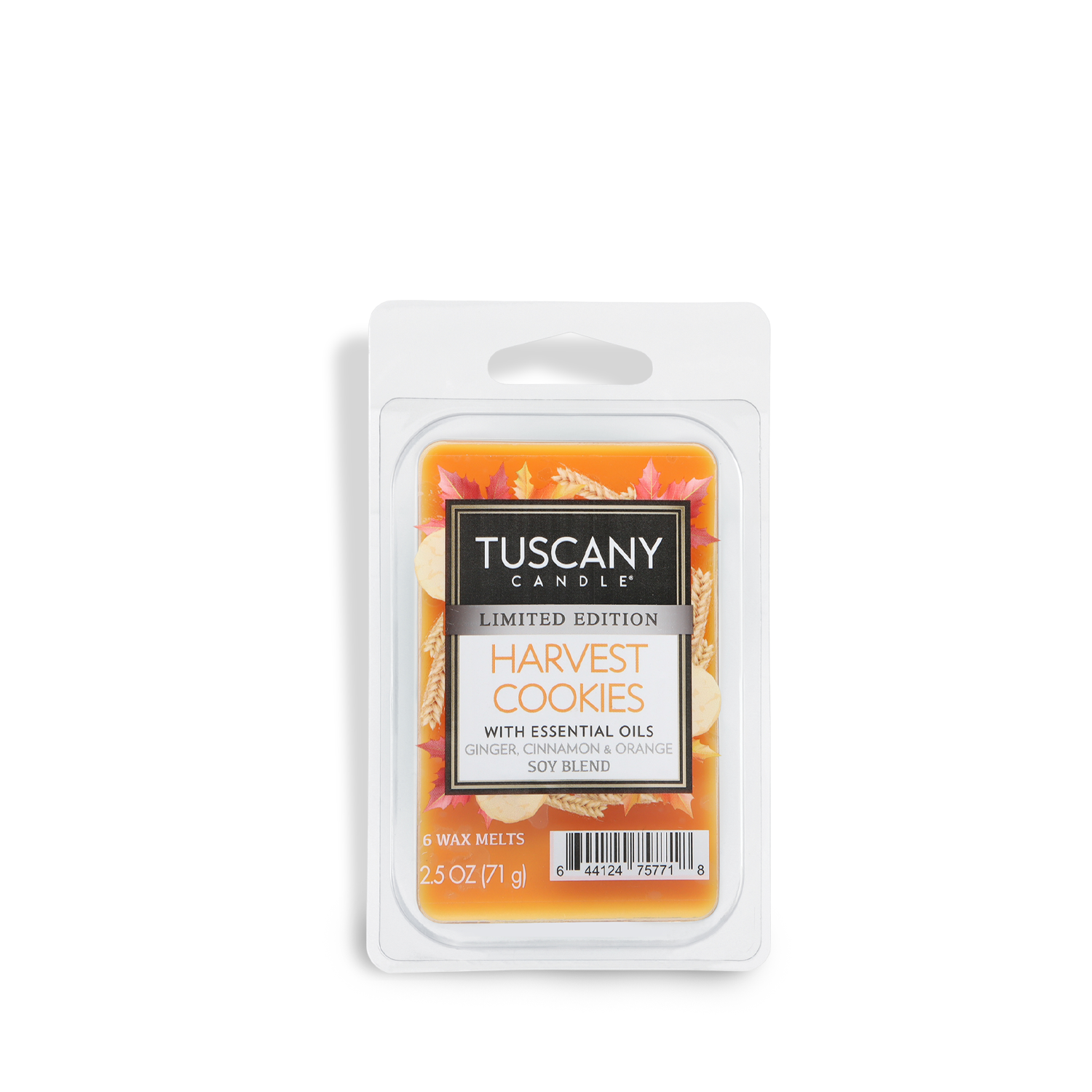 A 2.5 oz Tuscany Candle® SEASONAL Harvest Cookies: Brown Sugar & Vanilla Scented Fall Wax Melt in a plastic clamshell container.